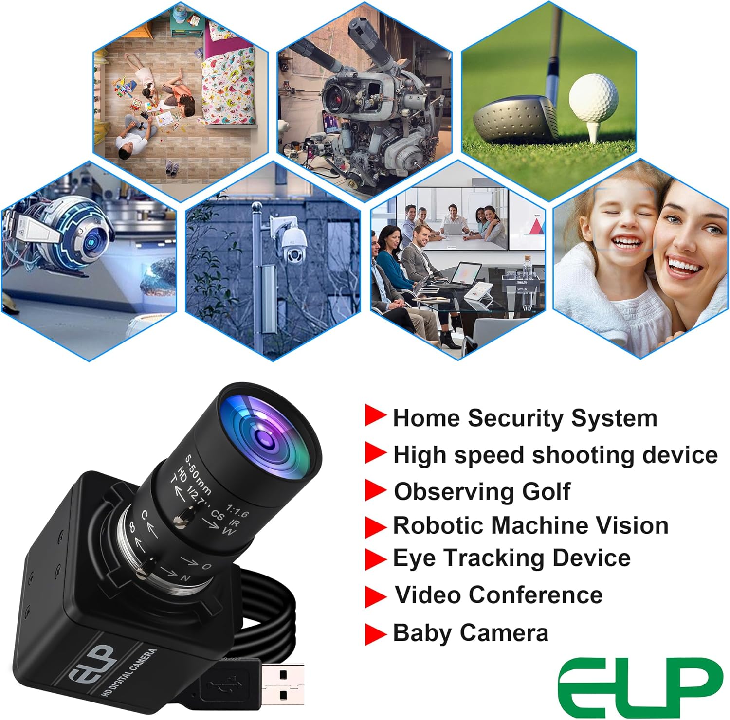 ELP Global Shutter USB Webcam - 1080P 90fps, Manual Zoom, Variable Focus, AR0234 Close-up Camera for Laptop