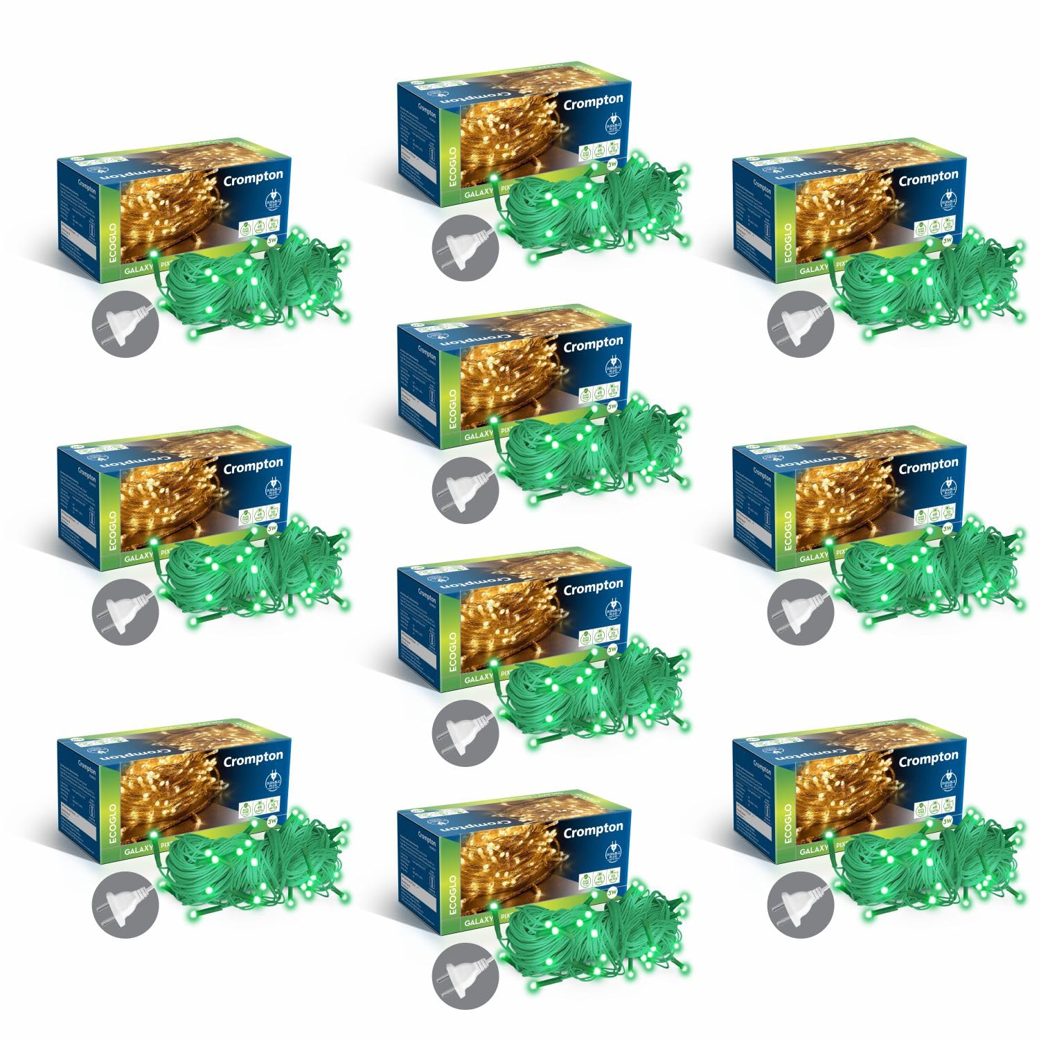 Crompton Galaxy Pixel Light | Festive Ladi Lights | 10 Meter | 48 LEDs | Green | Pack of 10 | Direct 2-pin Plug | BIS Safe Wire | for Home Decoration, Diwali, Festival, Birthday, Marriage