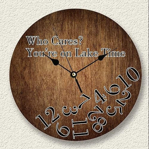 Reloj de pared de madera vintage rústico con temática costera redonda y decorativa de playa, funciona con pilas Who Cares You're on Lake Time,