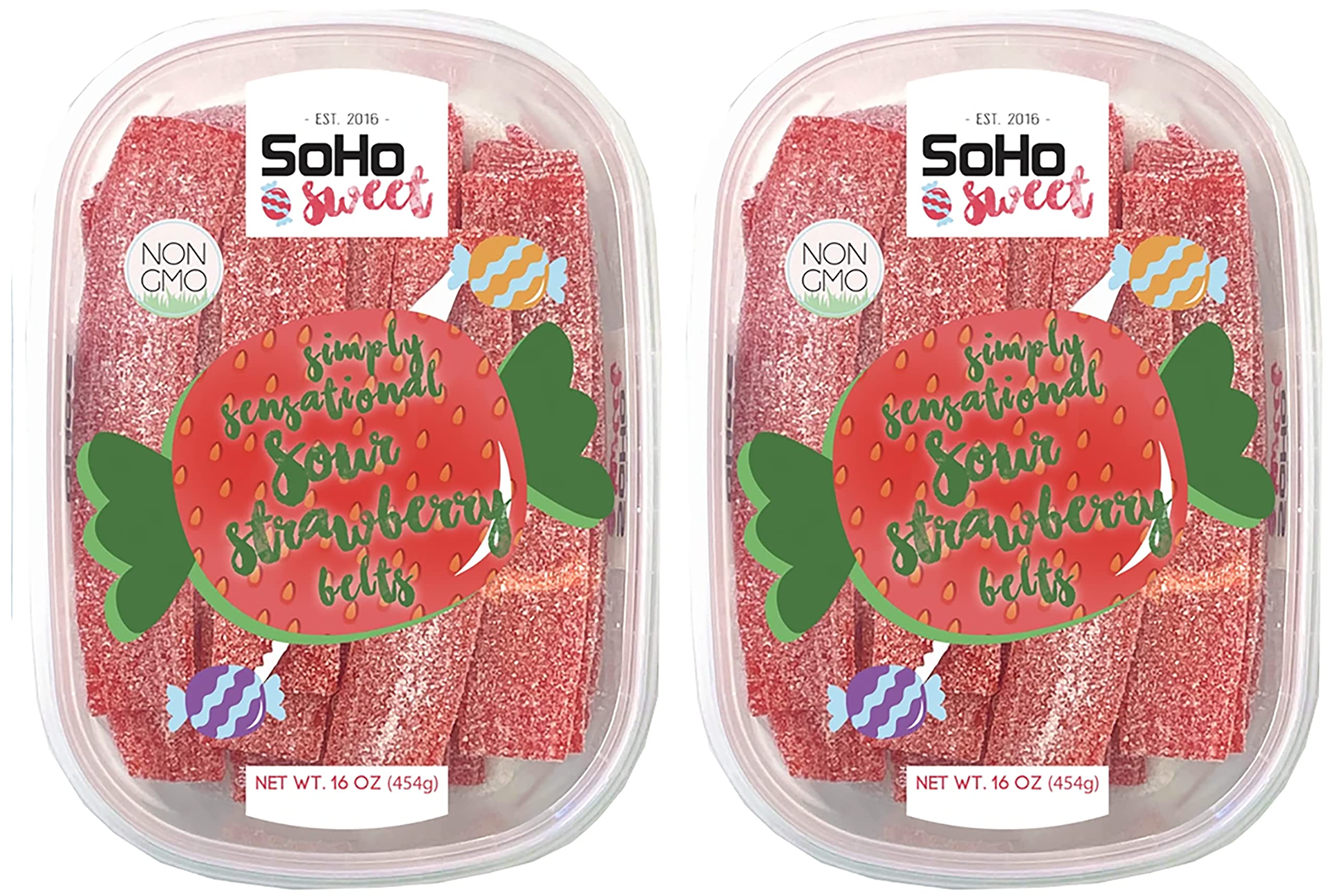 Soho Sweet Sour Belts Non-GMO Candy Belts – Sour Strawberry Candy Belts, Halal Candy (Pack of 2, 1 Pound Each)