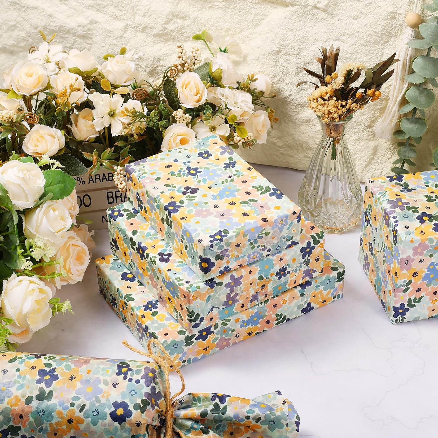 60 Sheets Boho Floral Tissue Paper, Watercolor Boho Floral Patterns Wrapping Paper for Spring DIY Crafts Birthday Wedding Party Gift Wrap Supplies, 13.8 x 19.7 Inch