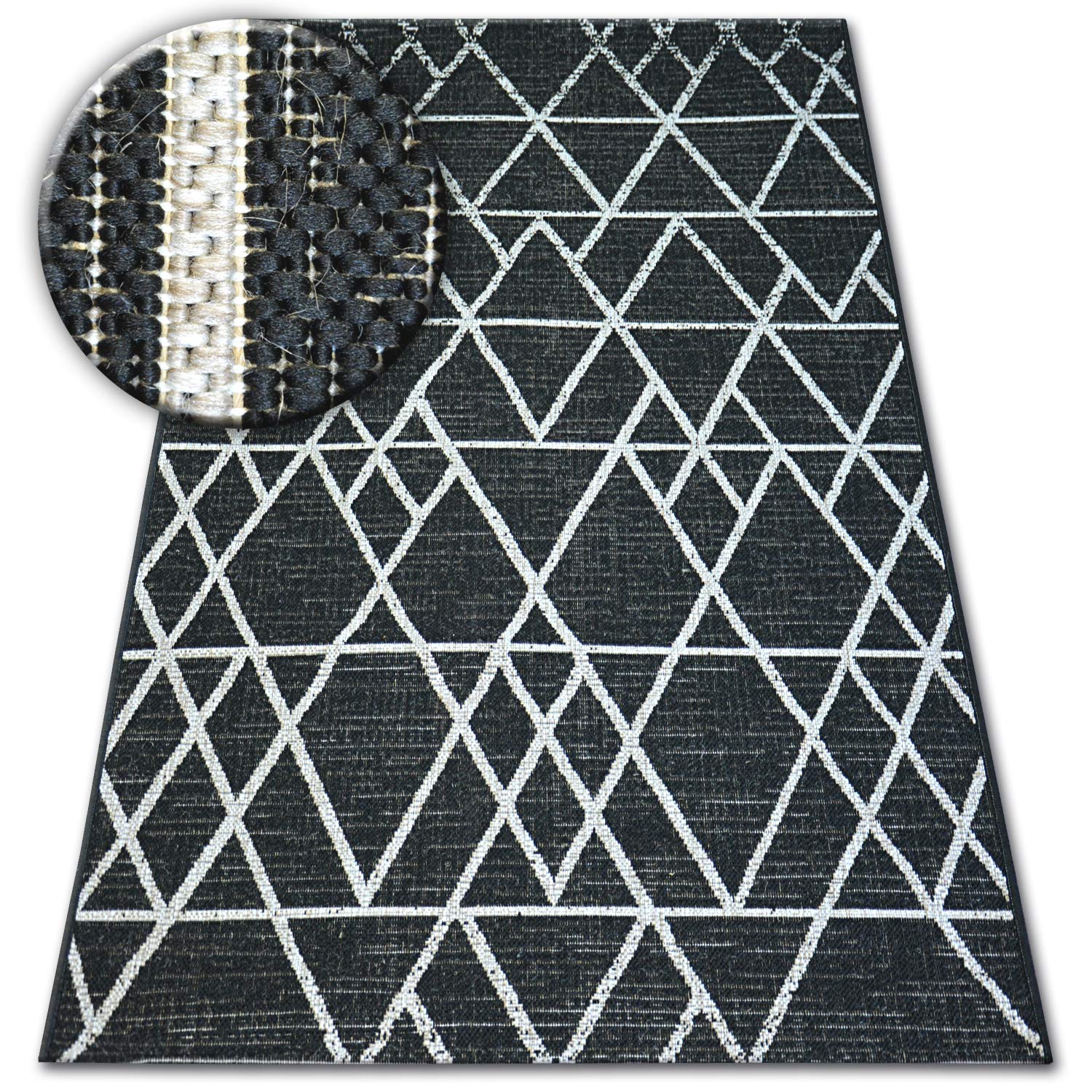 Tapis Sisal FLOORLUX Intérieur & Extérieur Noir/Argent Triangles Tissage À Plat 60x110 cm