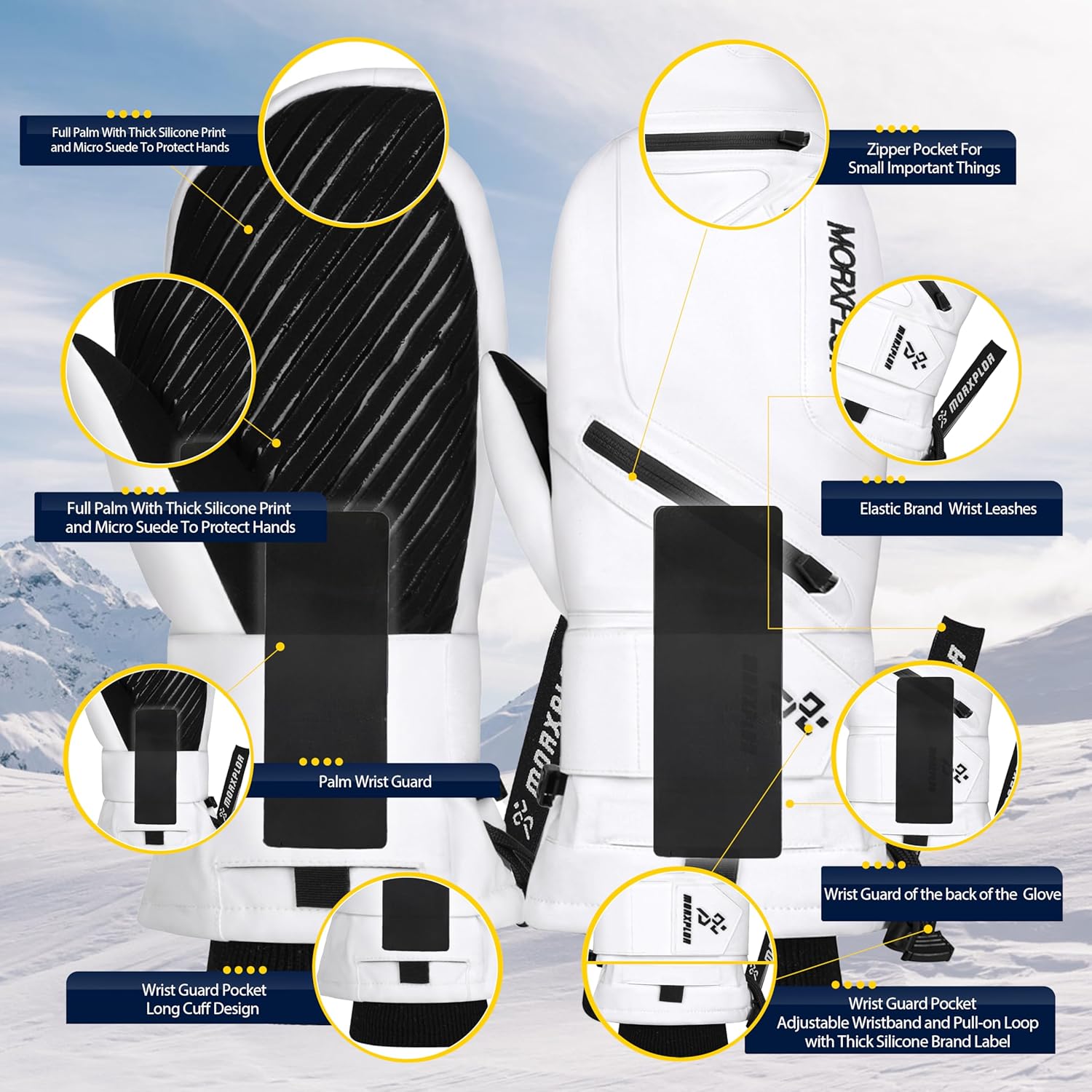 Ski Mittens with Wrist Guards Low Profile,Double-Side Wrist Protection Pair Snowboarding Mitten