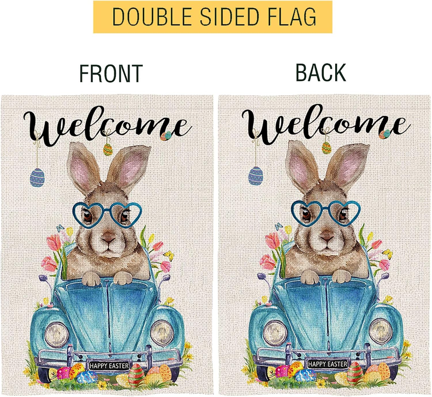 Bonsai Tree Easter Flags 28 x 40 Double Sided, Welcome Spring Easter Bunny Burlap Garden Flags, Farm Pickup Truck with Eggs Tulips Banners House Decor Gifts