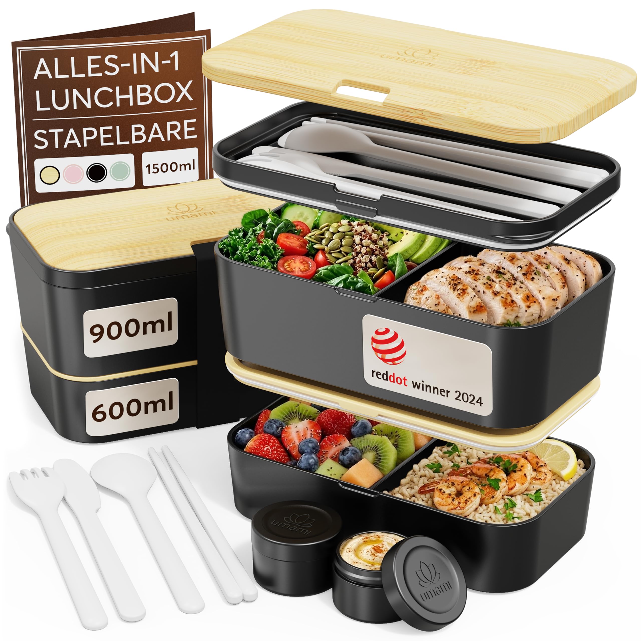 Umami Lunchbox Erwachsene, auslaufsicher, bento box Fächern & 4 Bestecke