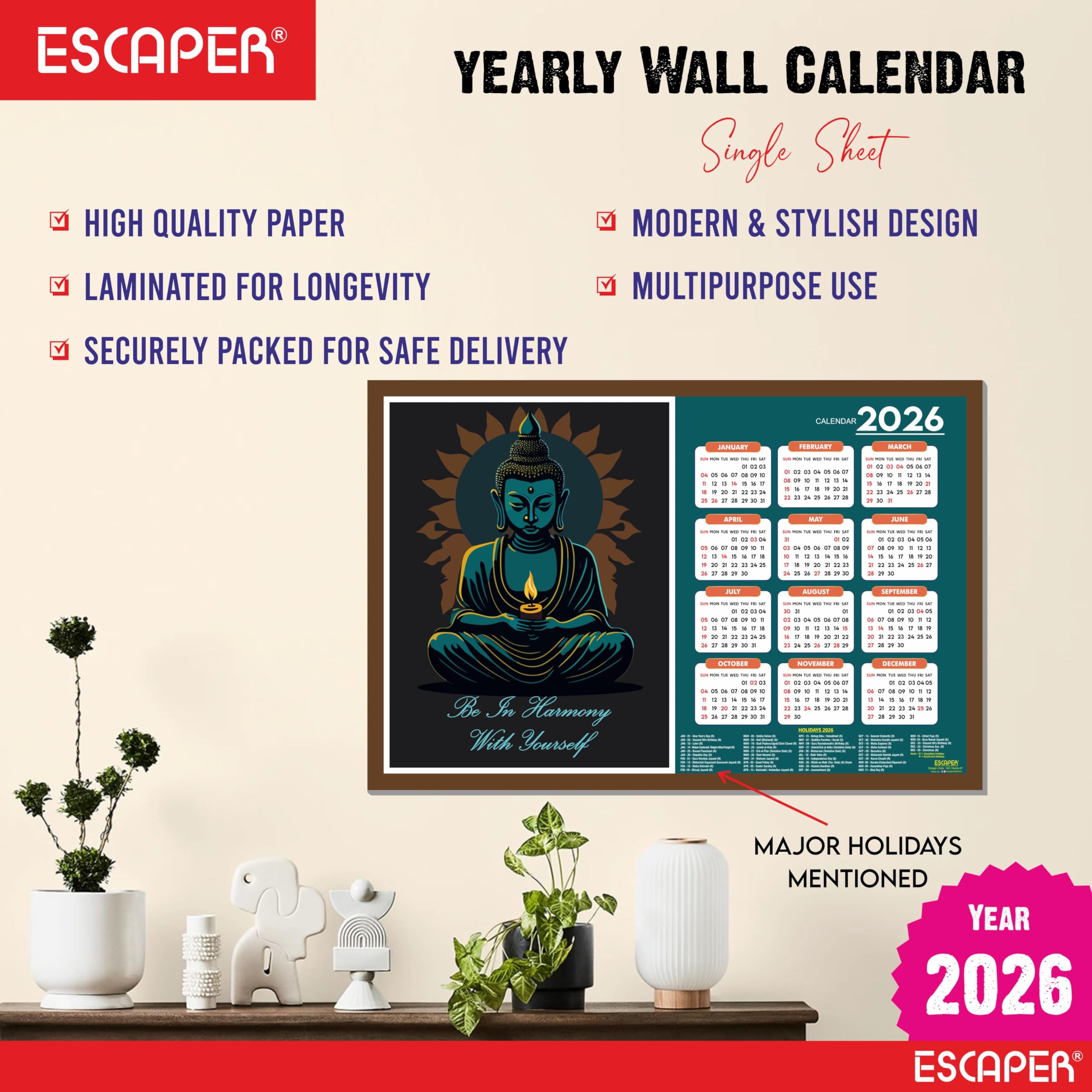ESCAPER Buddha Yoga Wandkalender 2026 - 30,5 x 45,7 cm, Meditations- & Yoga-Wandkalender, Yogasana- & Asana-Diagramme, Yoga-Posen, Chakra-Inspiration