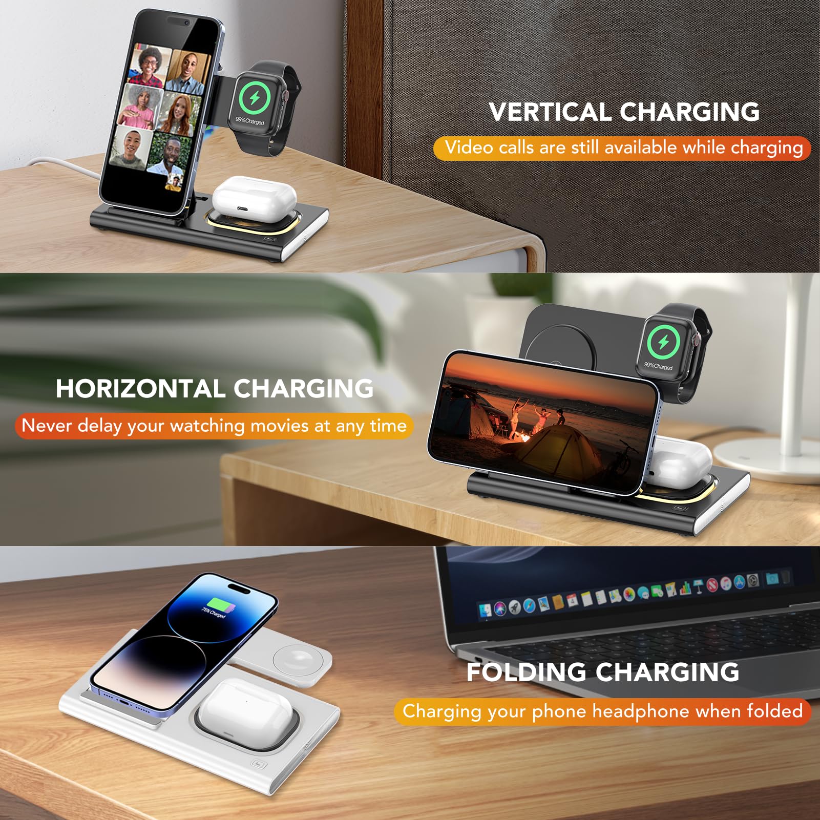 Aimtel 3 in 1 Stazione di Ricarica Wireless Pieghevole compatibile con Apple Watch 10/Ultra 2/9/8/7/SE/iPhone 16/16 Pro/16 Pro Max/16 Plus/15/14/13/12/Air Pods Pro/4/3/2 Luci Notte Caricatore Wireless