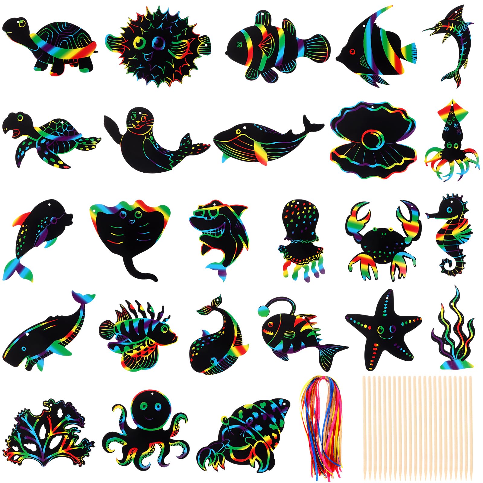 100 Pcs Sea World Theme Scratch Cards Rainbow Color Scratch Crafts Art Card Sea Animals Scratch Cards Ocean Party Scratch Paper Kit with 100 Wood Stylus Ribbon for DIY Craft Party Favors Home Decor