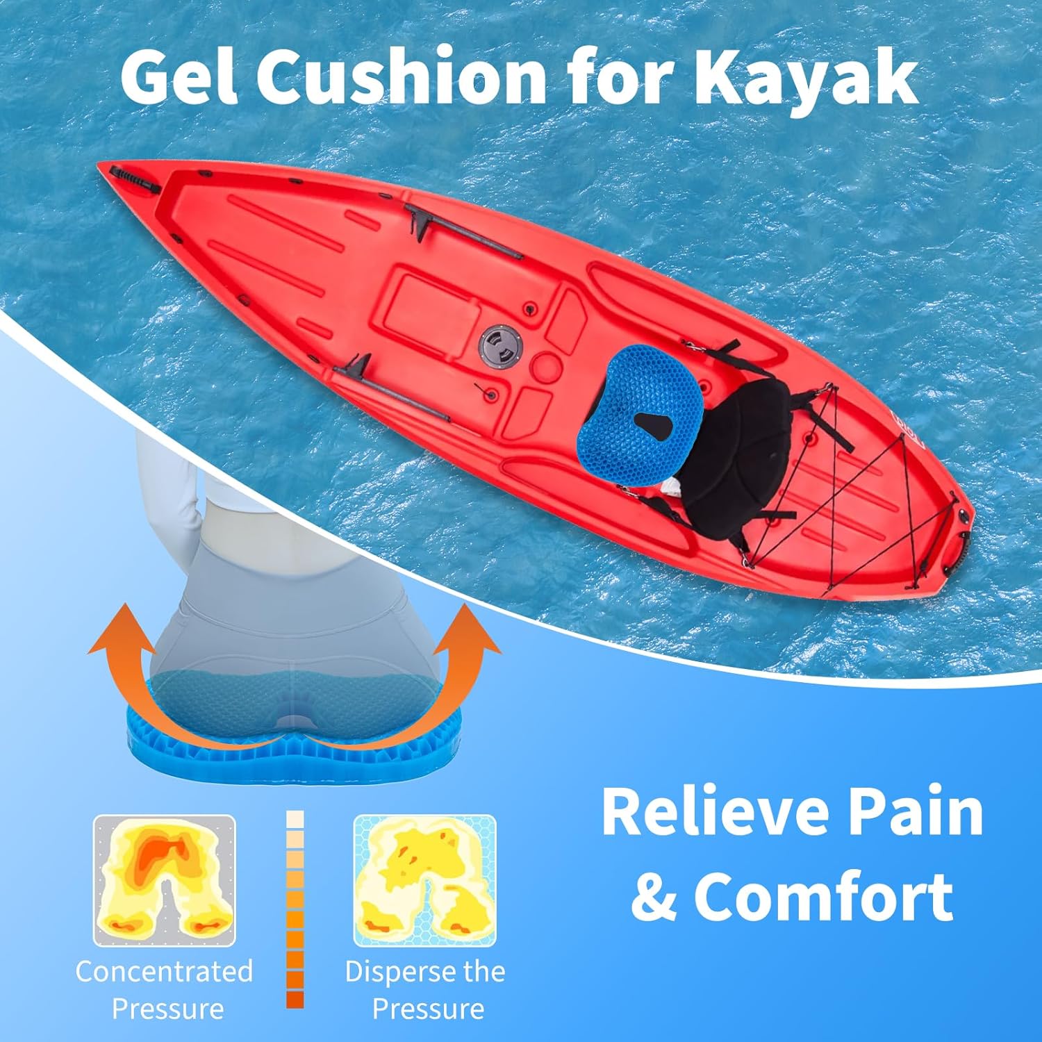 Kayak Seat Cushion Compatible with lifetime, Thicken Gel Seat Cushion, Breathable Honeycomb Design Absorbs Pressure, Kayak Accessories Pad for Long Sitting on Fishing, Canoe, Rowing - Image 2