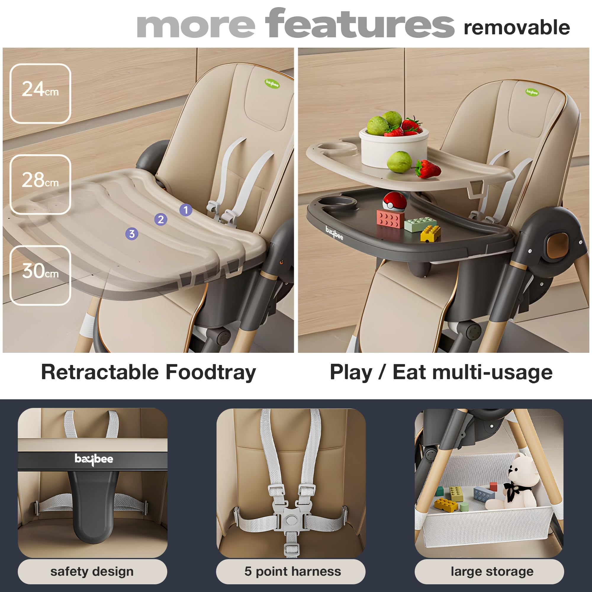 Baybee 3 in 1 Baby High Chair for Kids, Baby Feeding Chair with 8 Height Adjustable, Footrest, Tray, 160° Recline, 5 Point Safety Belt & Wheels | Kids High Chair for Baby 0 Months to 6 Years (Brown) - Image 3 thumbnail