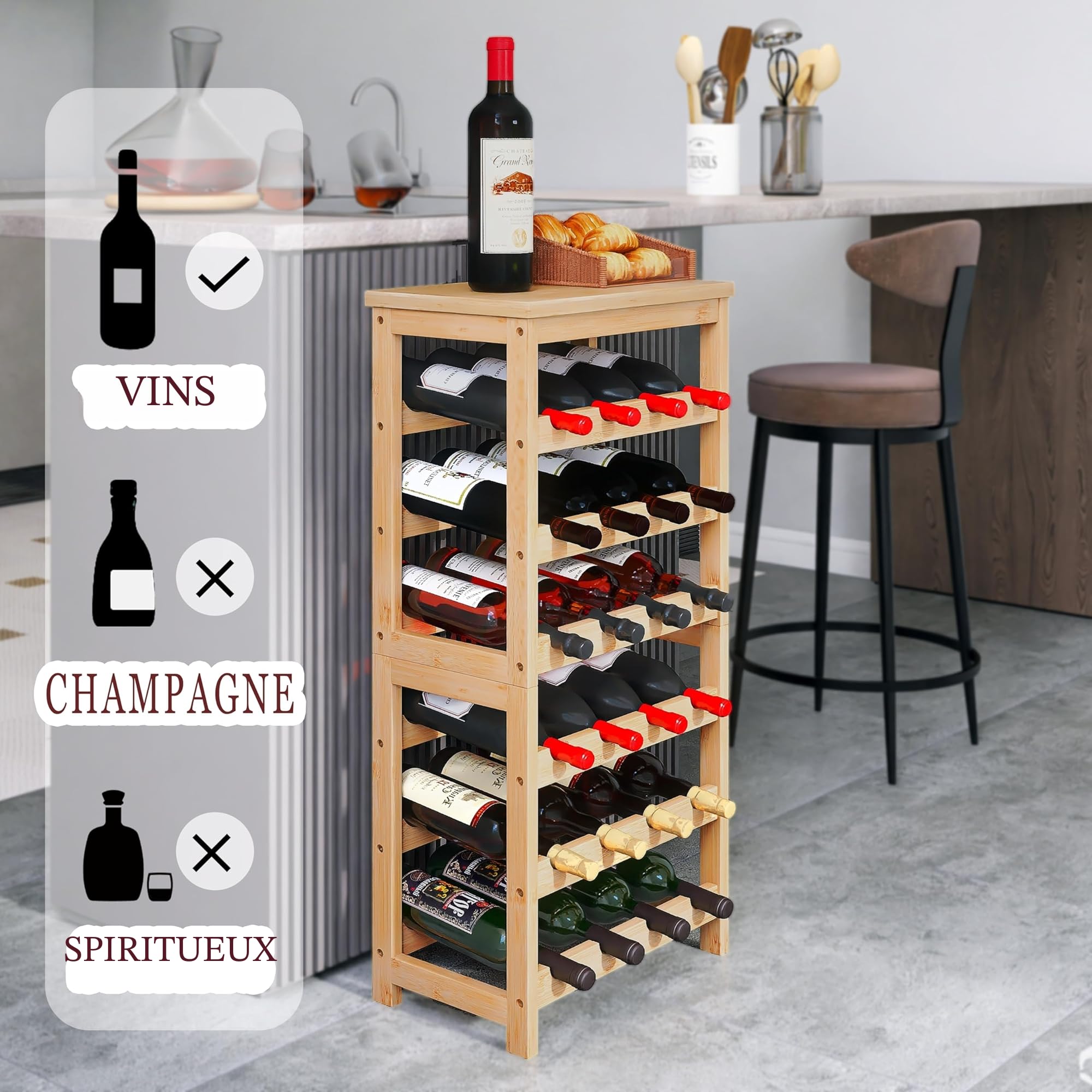 STELLSTAR Etagere Rangement Bouteille De Vin, Design 2 en 1, Stockage Bouteille De Comptoir à 3 Niveaux De 12 Bouteilles, Casier à Vin Autoportant à 6 Niveaux De 24 Bouteilles, Naturel