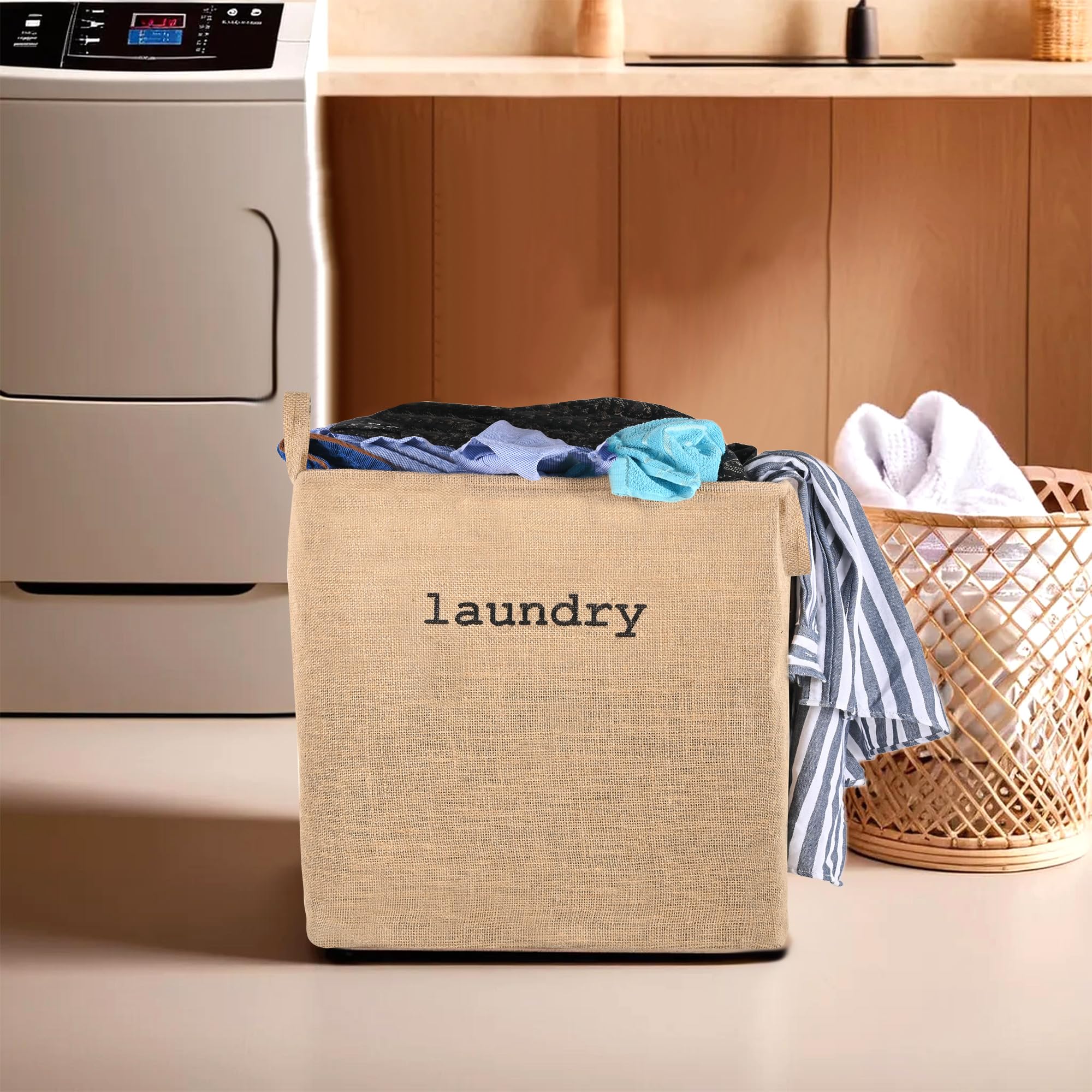 Kuber Industries 55 LTR Jute Fabric Clothes Basket for Washing Cloth | Dirty Clothes Bag | Square Foldable Laundry Bag (Small) Storage Hamper with Handles | Brown