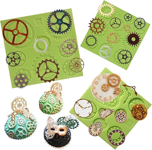 Funshowcase Steampunk Style - Molde de silicona para reloj y reloj de la colección Cogs Gears para hacer azúcar, decoración de pasteles, decoración