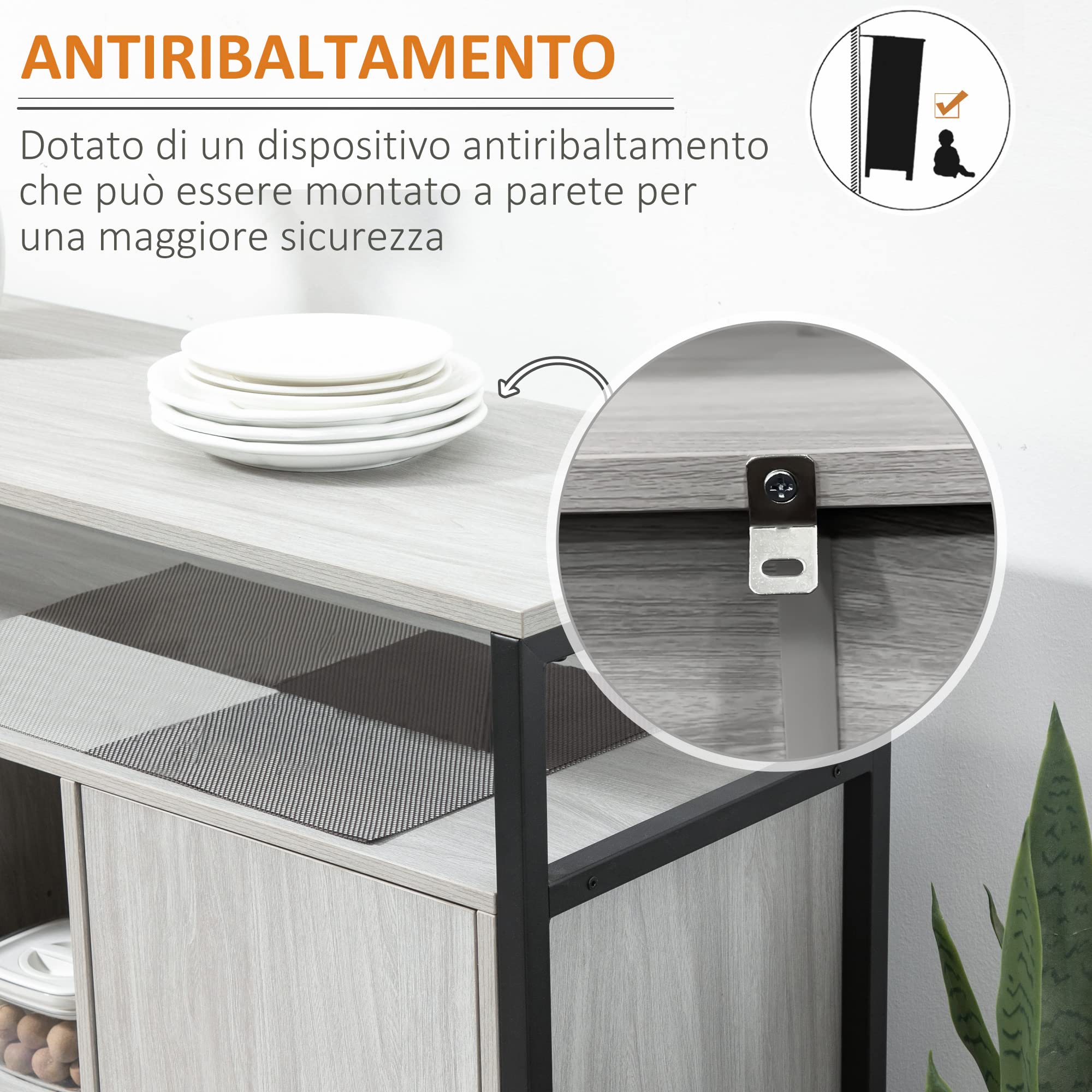 HOMCOM Credenza Moderna in Legno Mobile Cucina 100x34x87.2cm Grigio Chiaro | 2 Armadietti e Ripiani, per Ingresso