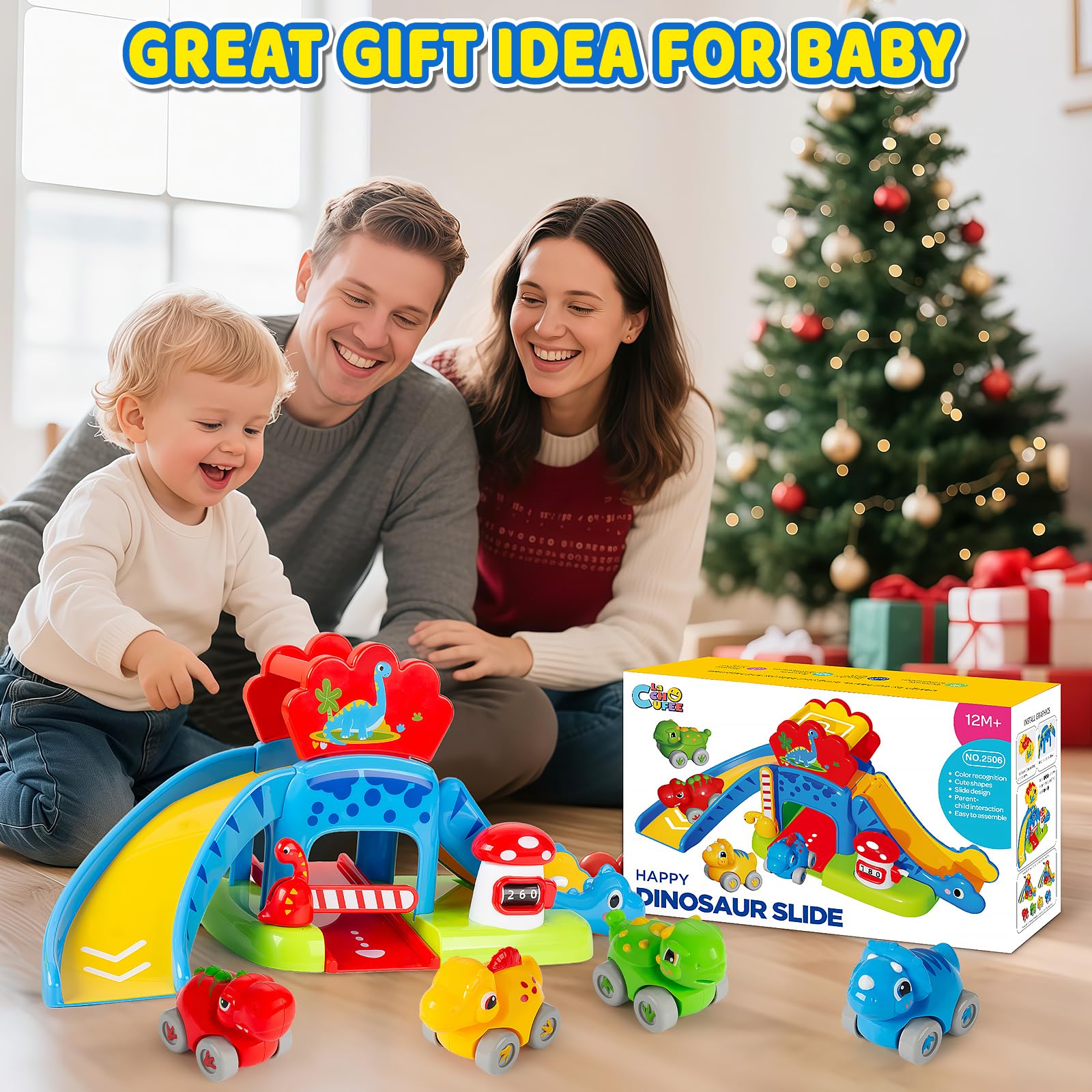 Toys for 1 Year Old Boy and Girl, Race Track for Toddlers 1-3 with 4 Dinosaurs Car Toys for Baby 12-18 Months, First Birthday Gifts for Boys, Educational Slide Toys for Ages 1-2