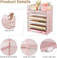 Vista 5 de Subekyu 6 Tier Office File Paper Desk Tray Organizer with Handle, Stackable Slide Mesh Letter Tray Folder Pink Desk Organizer, Desktop Document