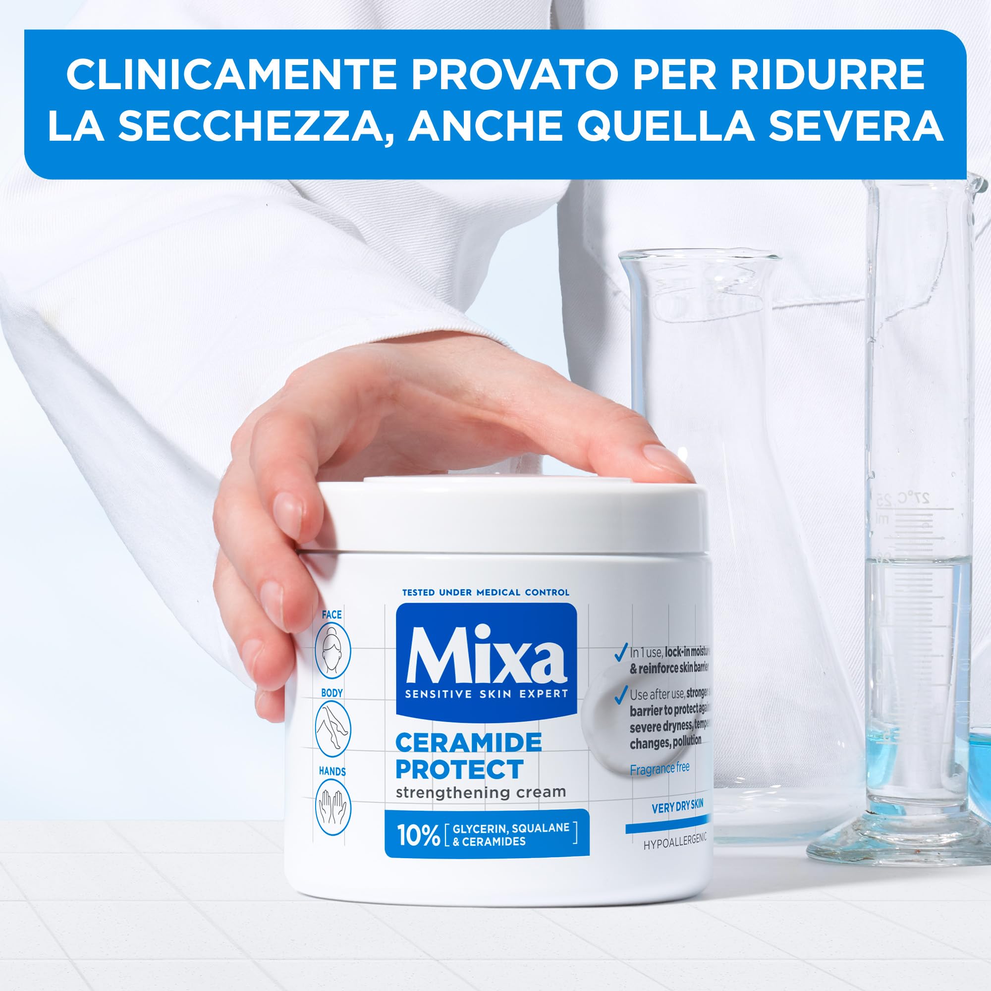 Mixa Crema Idratante Rinforzante, Per Pelli Sensibili e Molto Secche, Pelle Idratata a Fondo, Con il 10% di Ceramidi, Glicerina e Squalano, Senza Profumo, Ceramide Protect, 400 ml