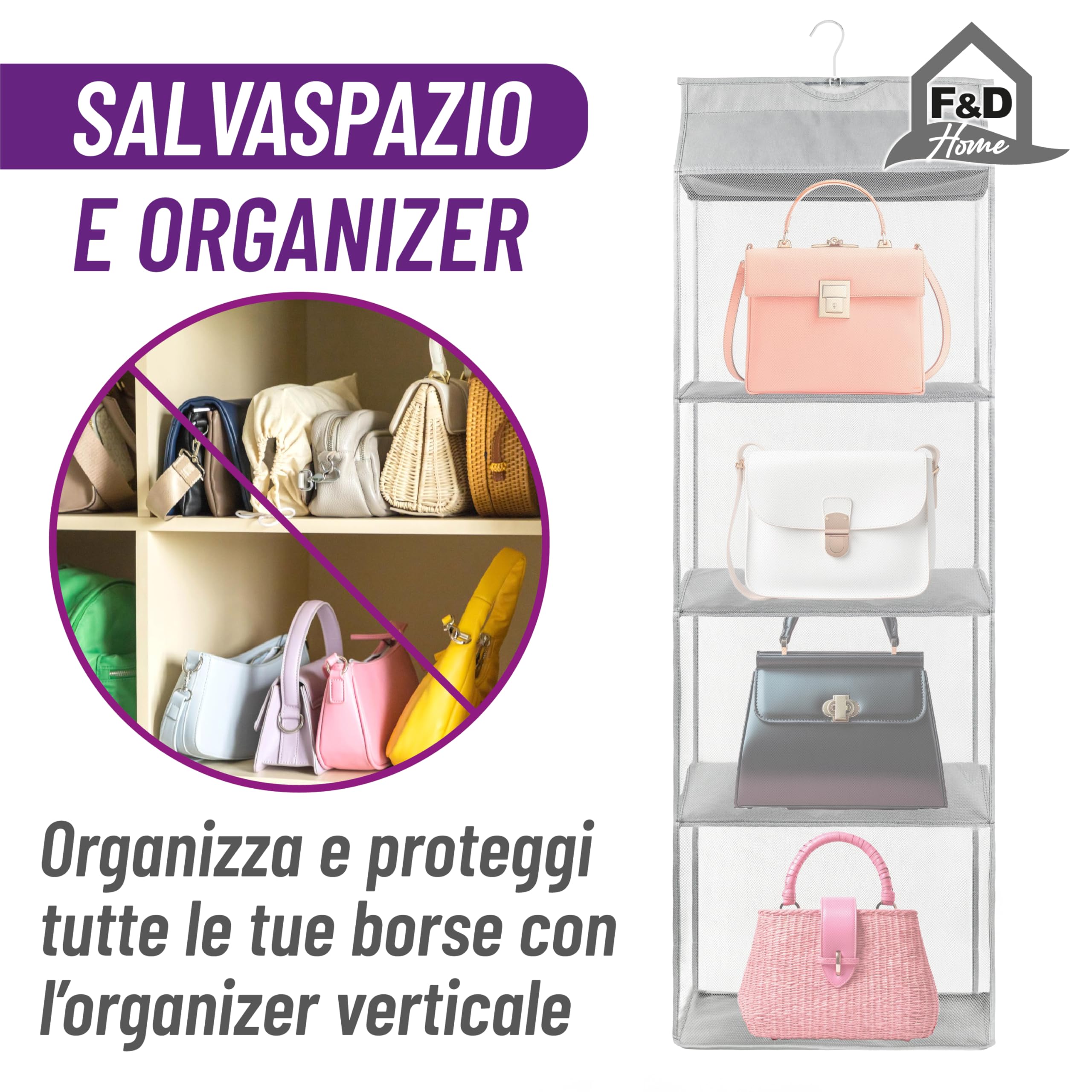 F&D Home Organizzatore Armadio per Borse, in Tessuto Non Tessuto e Rete, Grigio, 110x40x16 cm, Porta Borse da Armadio Salvaspazio Set da 2