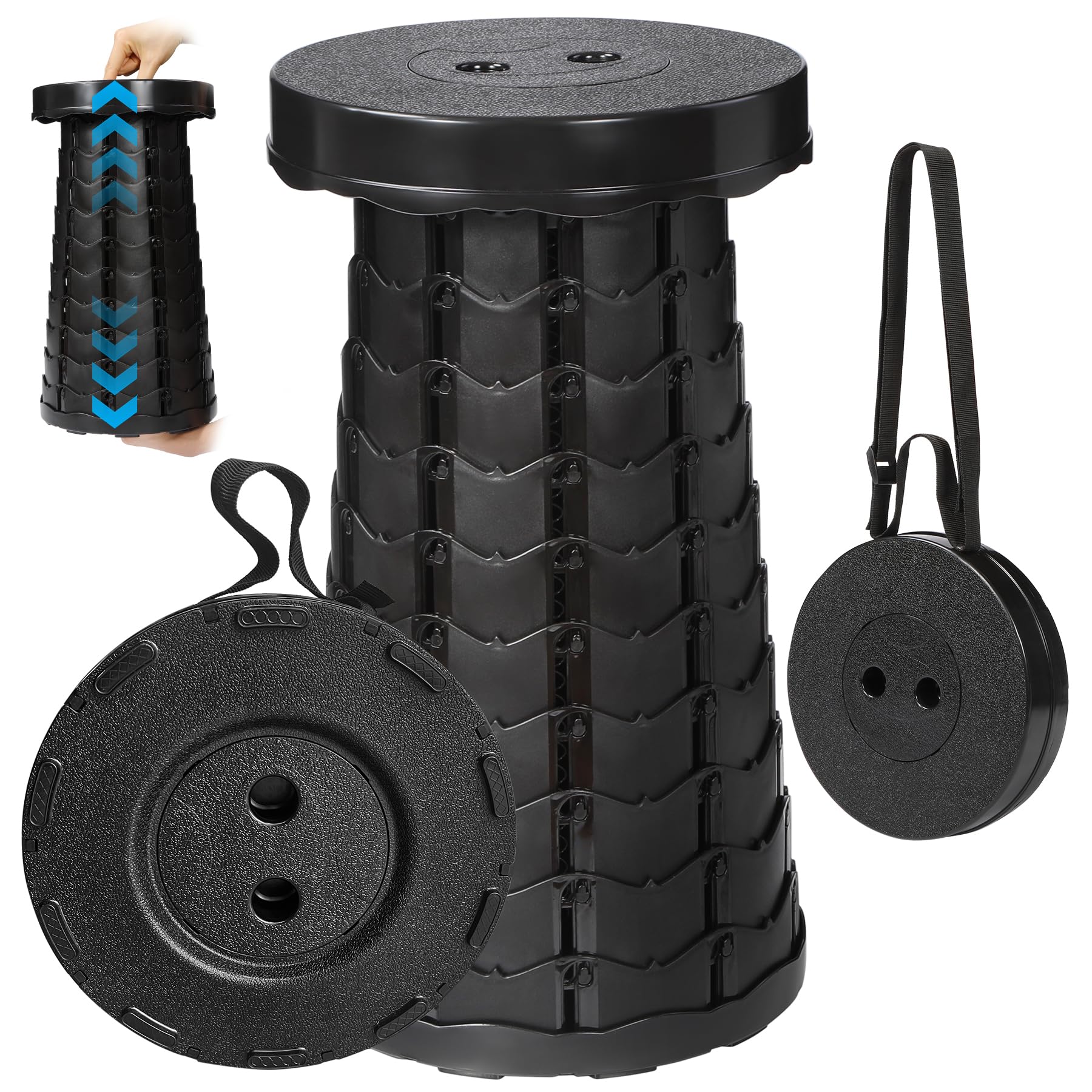 ALAPUR Upgraded Collapsible Stool, Portable Folding Stool with Load Capacity 500lbs for Adults, Sturdy Telescopic Seat for Camping Fishing Hiking BBQ, Black