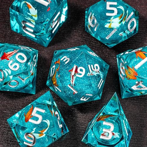 Miniatura 2 de OUKELANWO Liquid Core Koi Fish - Juego de dados DND con caja de regalo, 7 dados poliédricos de resina de borde afilado para juegos de rol de