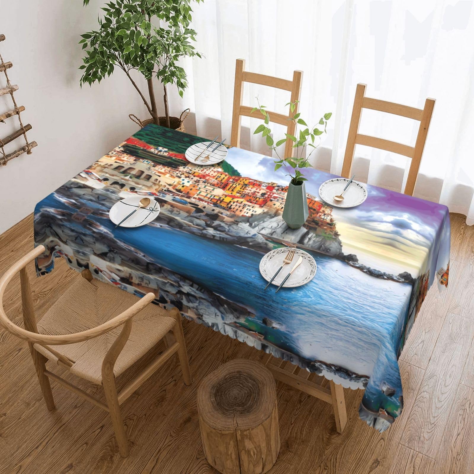 HLSBSSL Cinque Terre scenery Patterned square lace tablecloth, wrinkle-resistant and durable, suitable for dining tables, parties, etc.