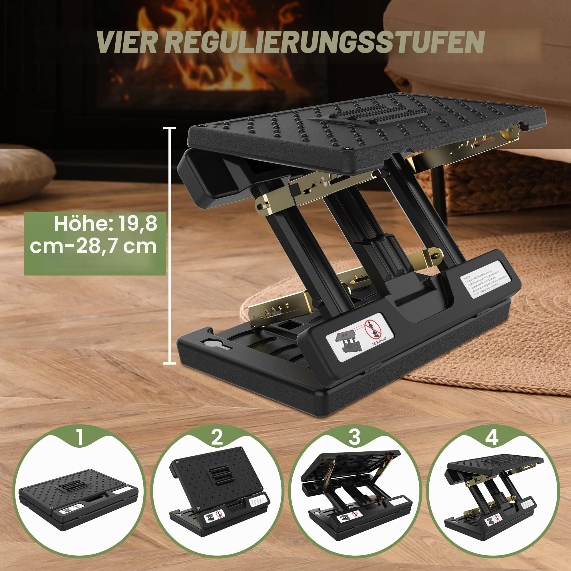 Fußstütze Pro | Massagerolle & Perlen | für Auto, Untertisch, Zuhause, Zug, flexible Höhenverstellung | (schwarz)