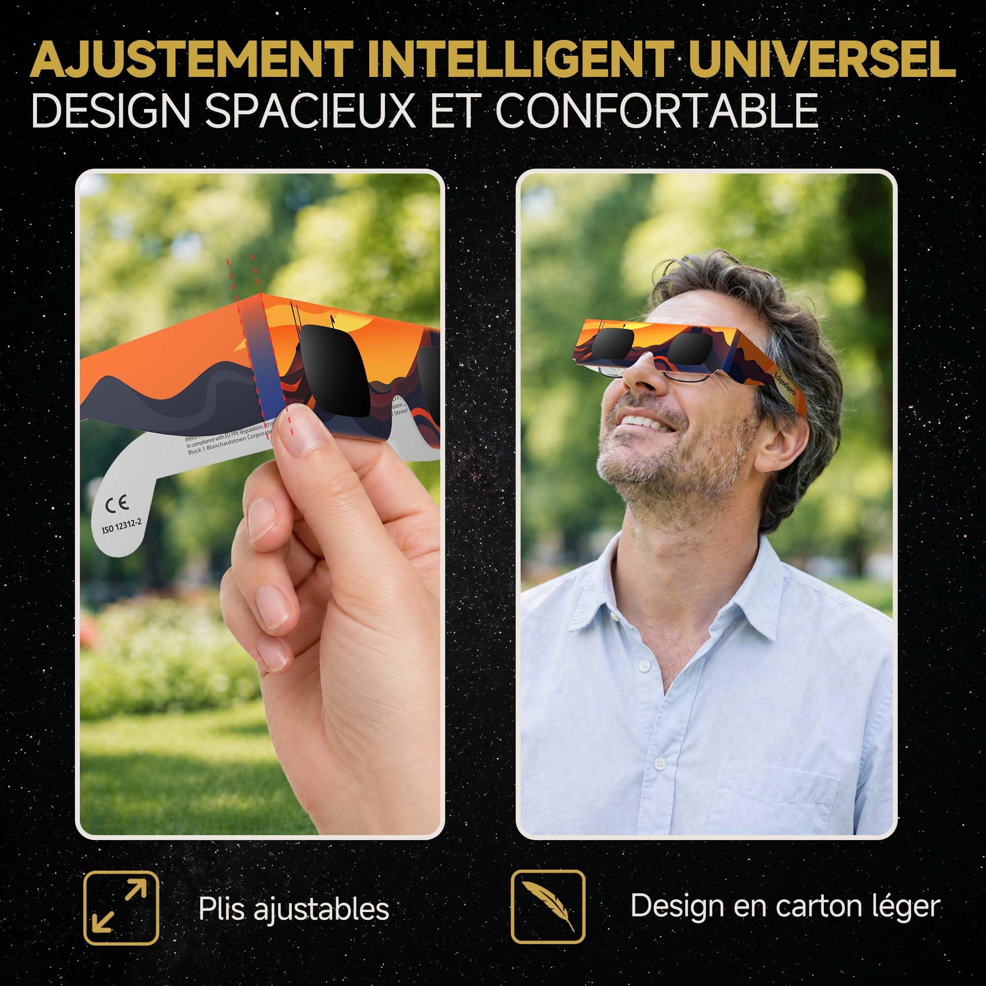 Lunette éclipse solaire [Lot de 3] - Homologuées ISO 12312-2 CE - Observation directe éclipse 2026