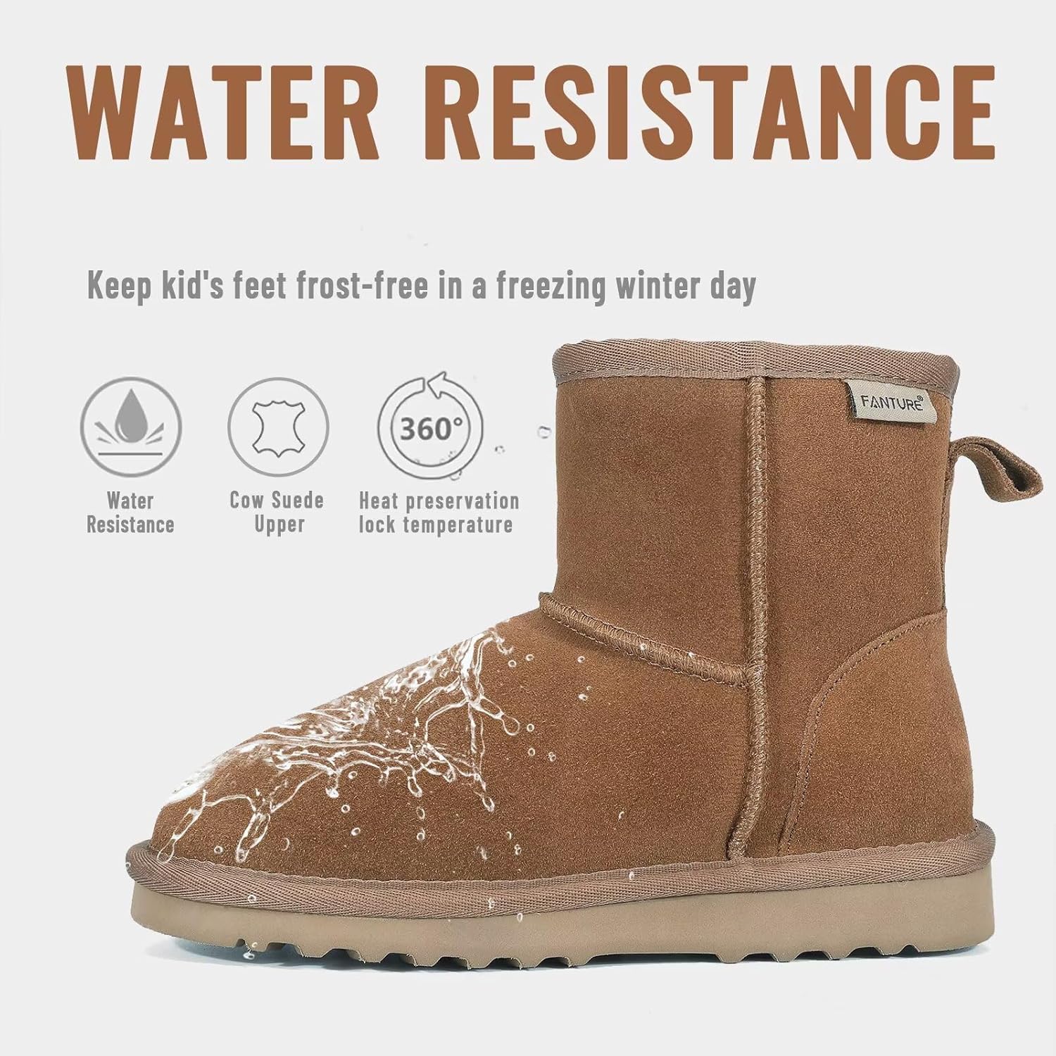 FANTURE Girls Boys Winter Snow Boots for Kids Genuine Cowhide Suede Leather Ankle Boots with Memory Foam Insole Warm Fur Lining and Durable Non-Slip Sole