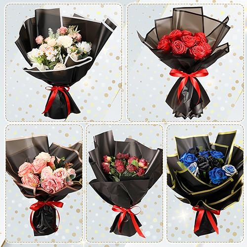Miniatura 4 de AmazingSpark 100 hojas de 5 estilos de papel de regalo de flores negras, impermeable, papel de regalo de ramo de flores, embalaje para manualidades,