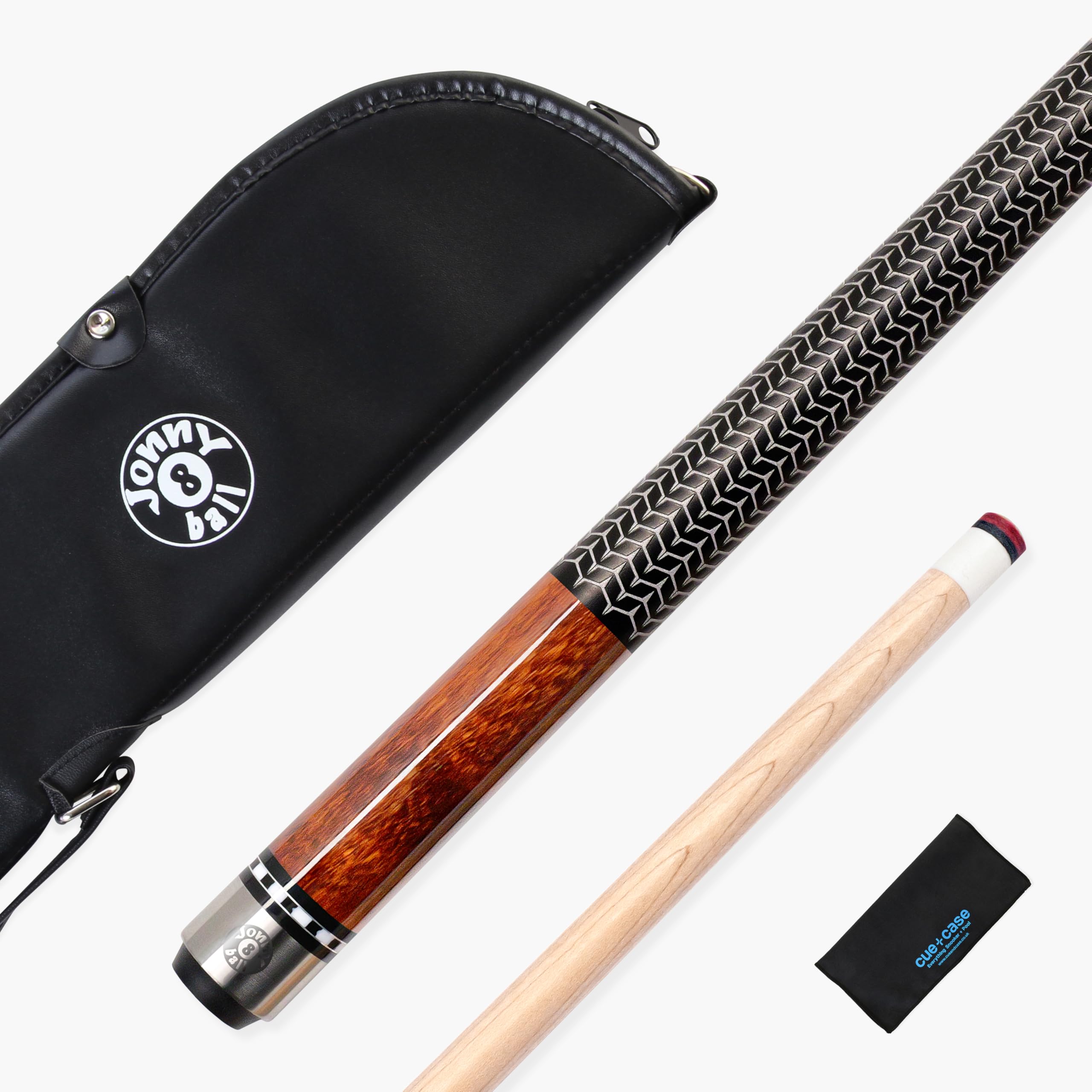 Jonny 8 Ball IRONWEAVE 58 Inch 2 Piece Centre Joint American Pool Cue with 12.5mm Layered Leather Tip - Free Microfibre Cue Towel (Brown Cue with Soft Case)