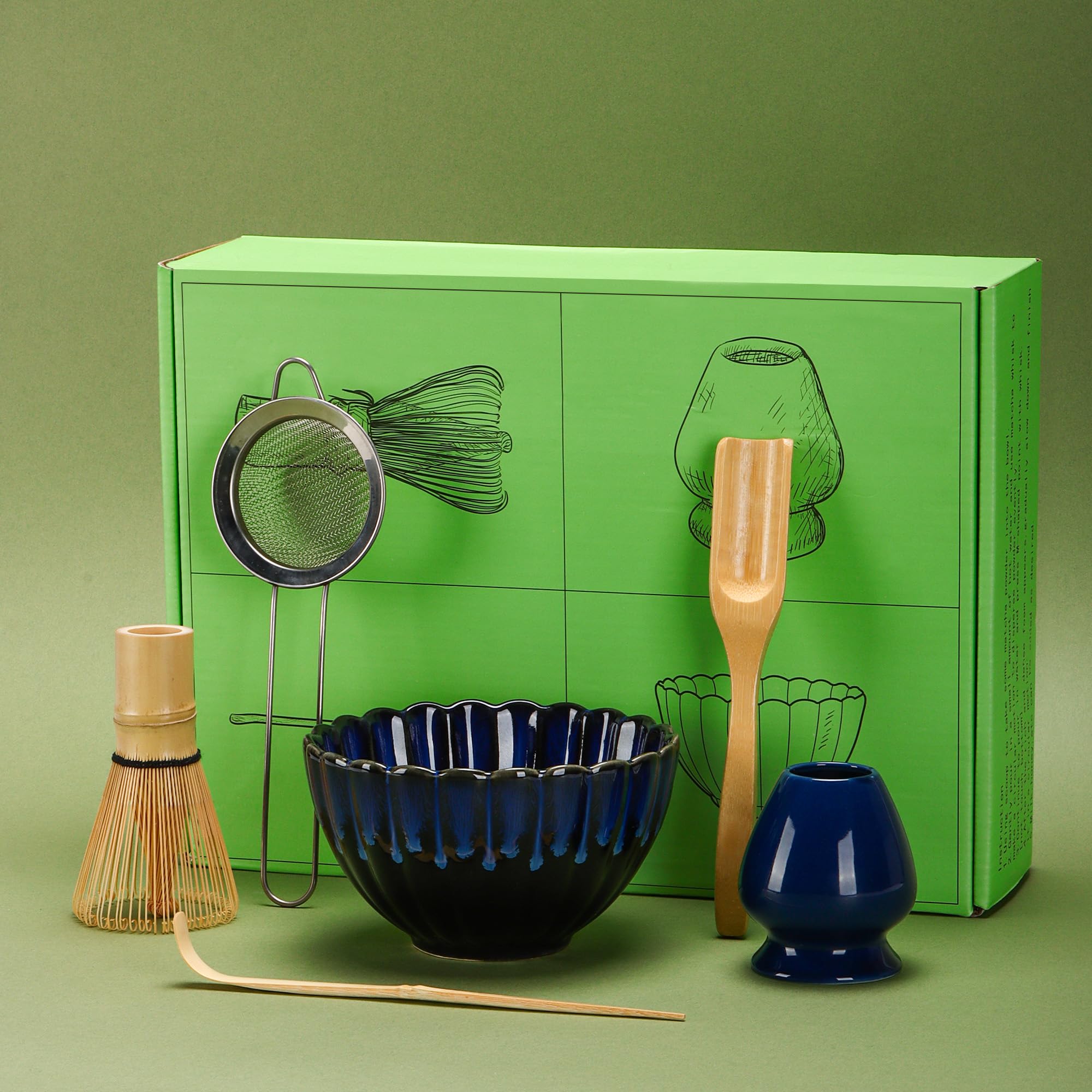 Matcha Tea Set 6 Pcs, Japanese Traditional Bowl, Bamboo Whisk (Chasen), Scoop (Chashaku), Stainless Steel Sifter, Holder (blue)