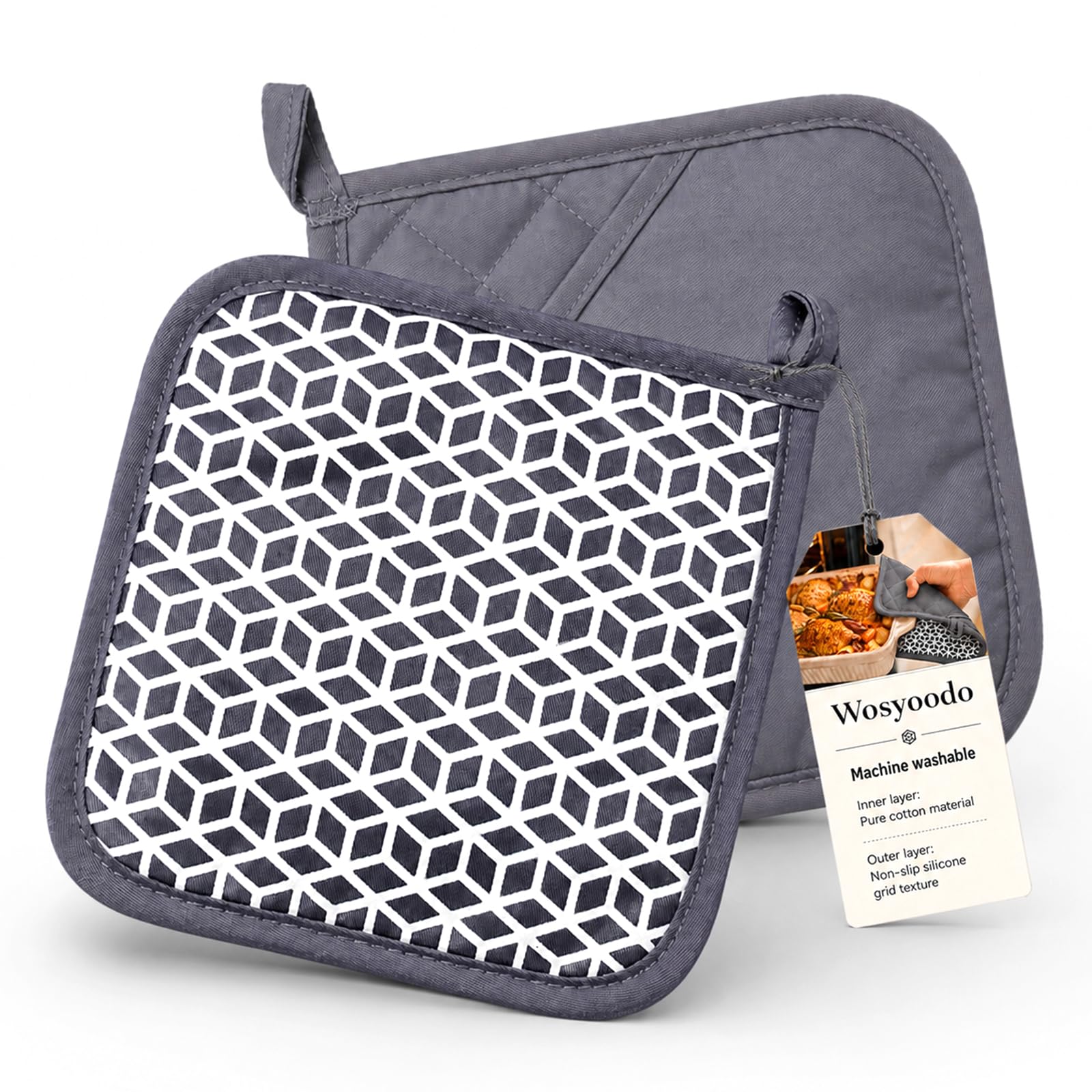 Wosyoodo 2 Pack Oven Gloves 20x20 cm, with Pocket Insert & Anti-Slip Silicone Pattern, Pot Holder, Washable & Soft Cotton, for Cooking, Baking, Kitchen Accessories (Grey)
