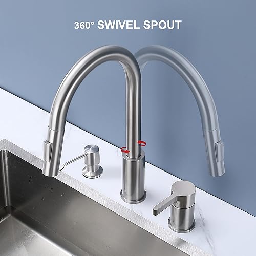 Miniatura 3 de Grifo de cocina de 3 agujeros con rociador extraíble, grifo de fregadero de cocina de níquel cepillado con mango separado y dispensador de jabón