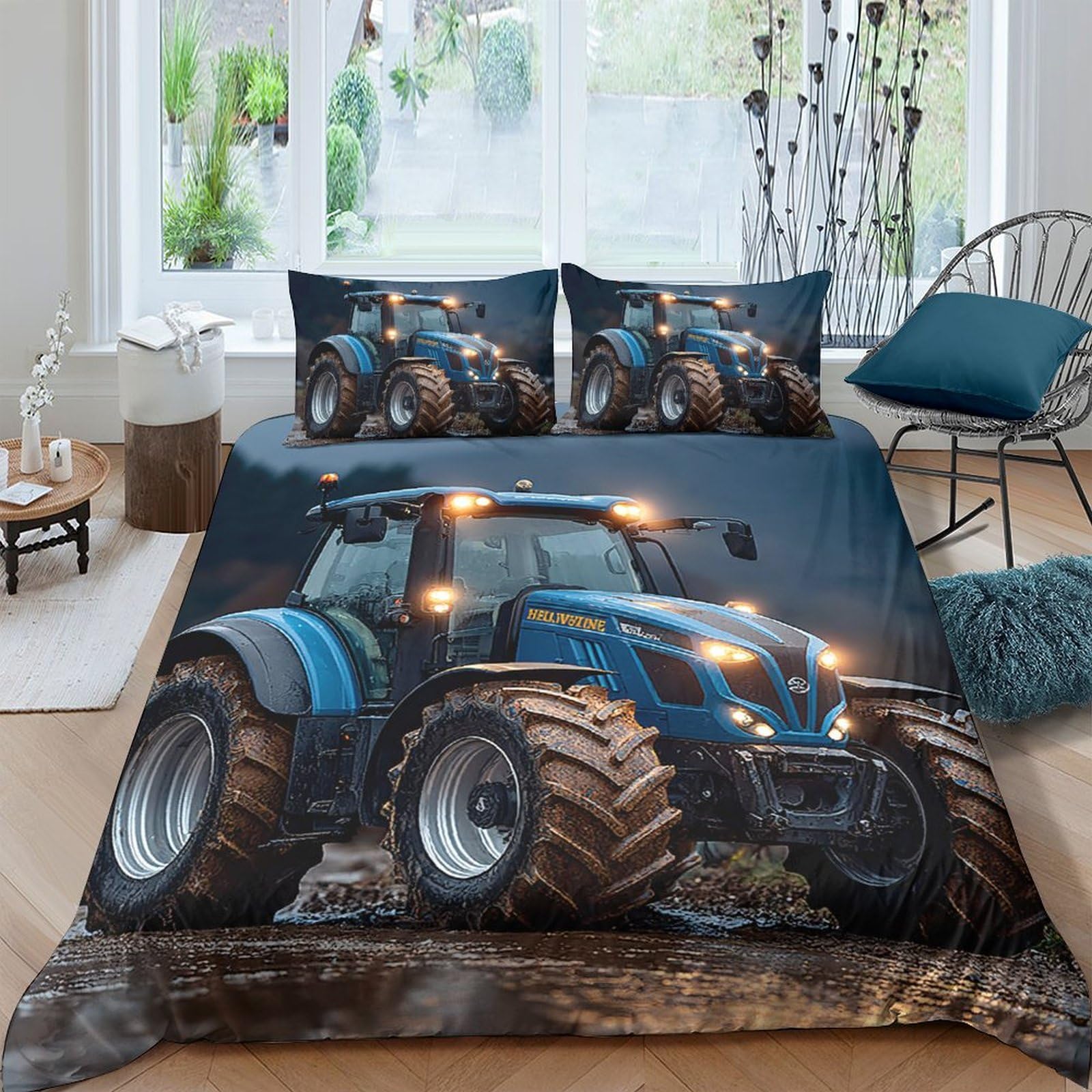 Ctjqhvkz Style-1 3D Printed Blue Tractor Fitted Sheet Microfiber Soft Bedroom Decor Farm Machinery Bed Cover For Home Guest Room Single（135X200cm）