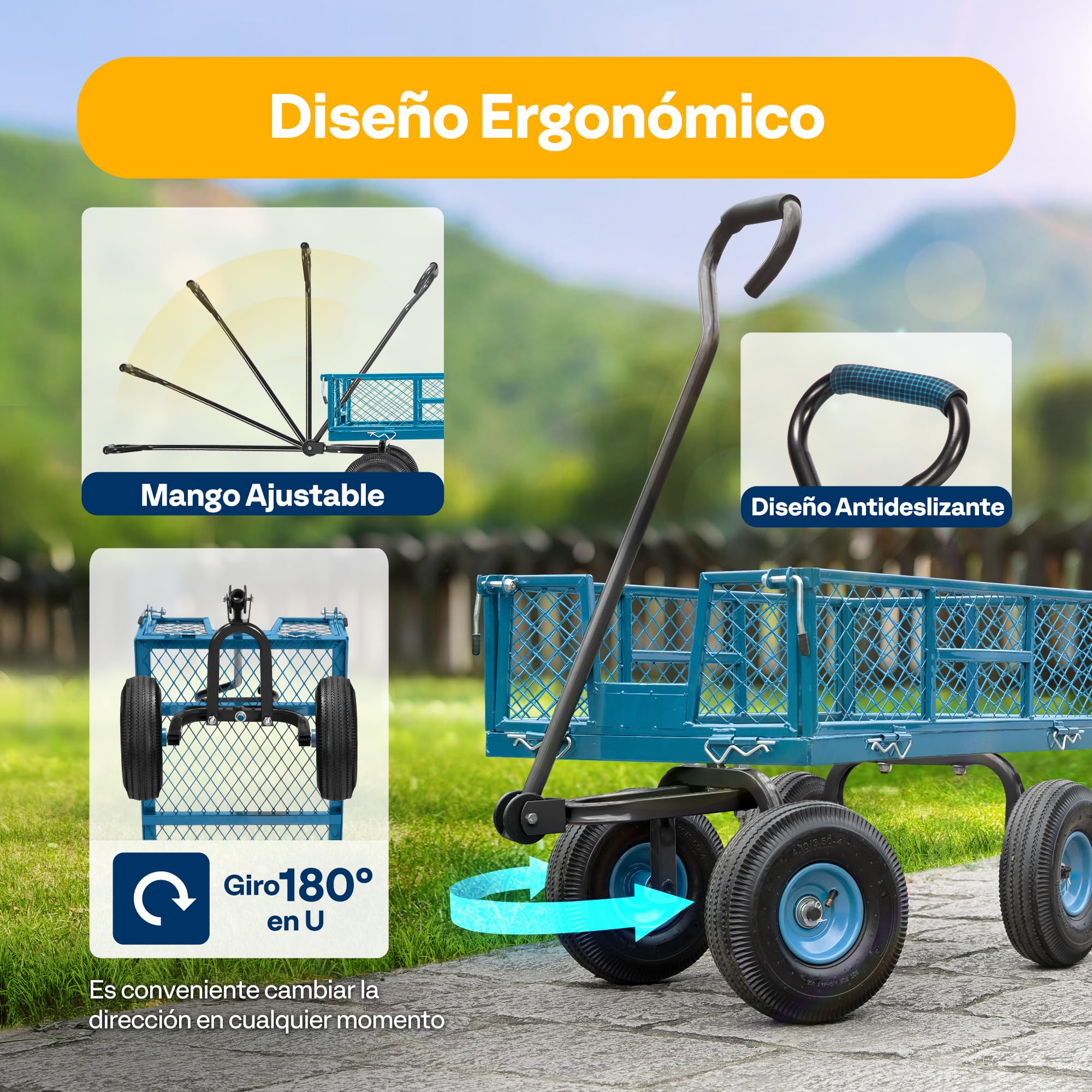 VIVOHOME Carro de Jardín hasta 400kg con Ruedas Neumáticas Grandes Laterales Desmontables, Carretilla de Mano Transporte con Manija Giratoria de 180° para Compra Camping Festival Azul