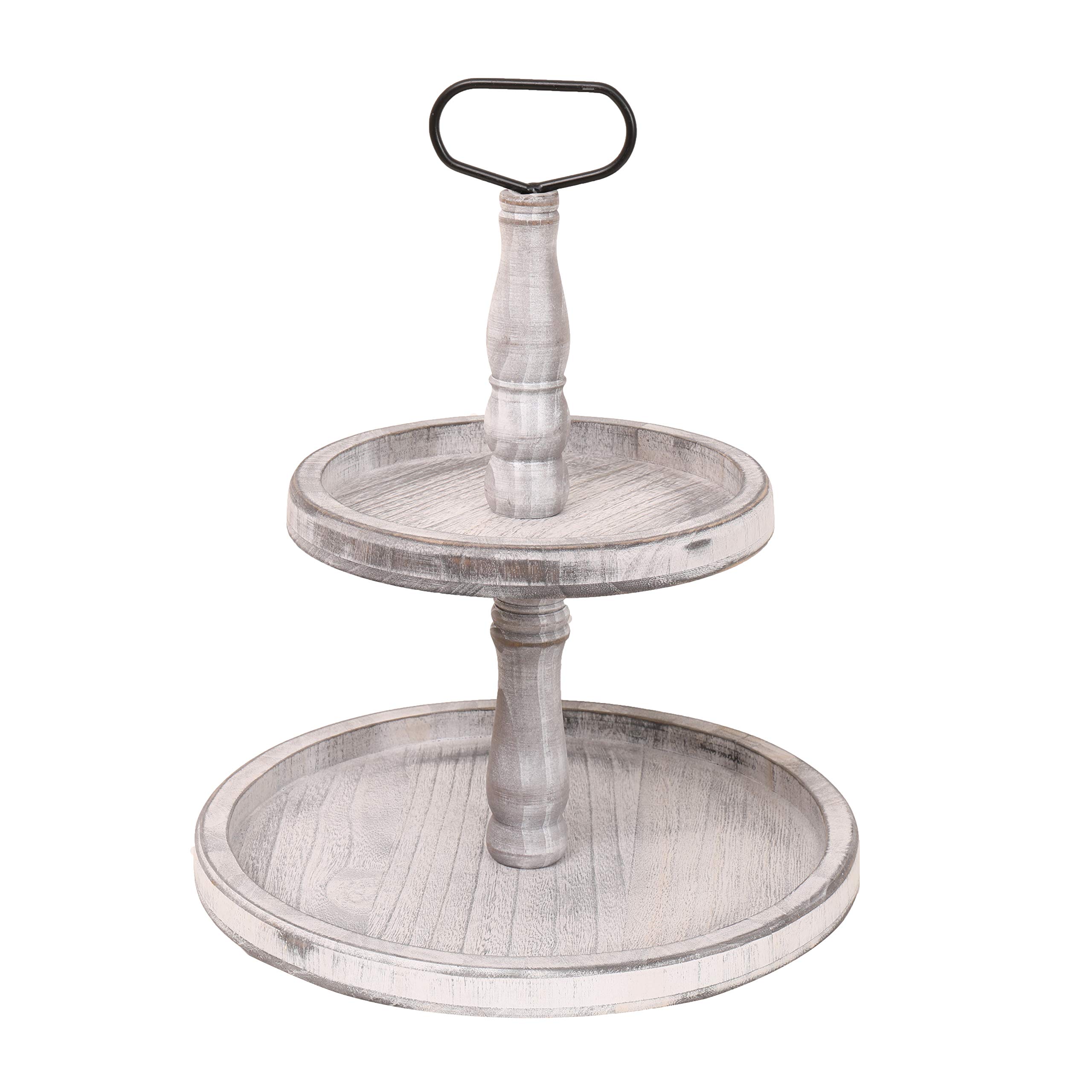 U/DVintage Wood Two Tiered Tray with Round Metal Handle，Easy to Assemble 2 Tier Home Decor for Tiered Food Presentation Serving Tray，Cupcake Tray (White)