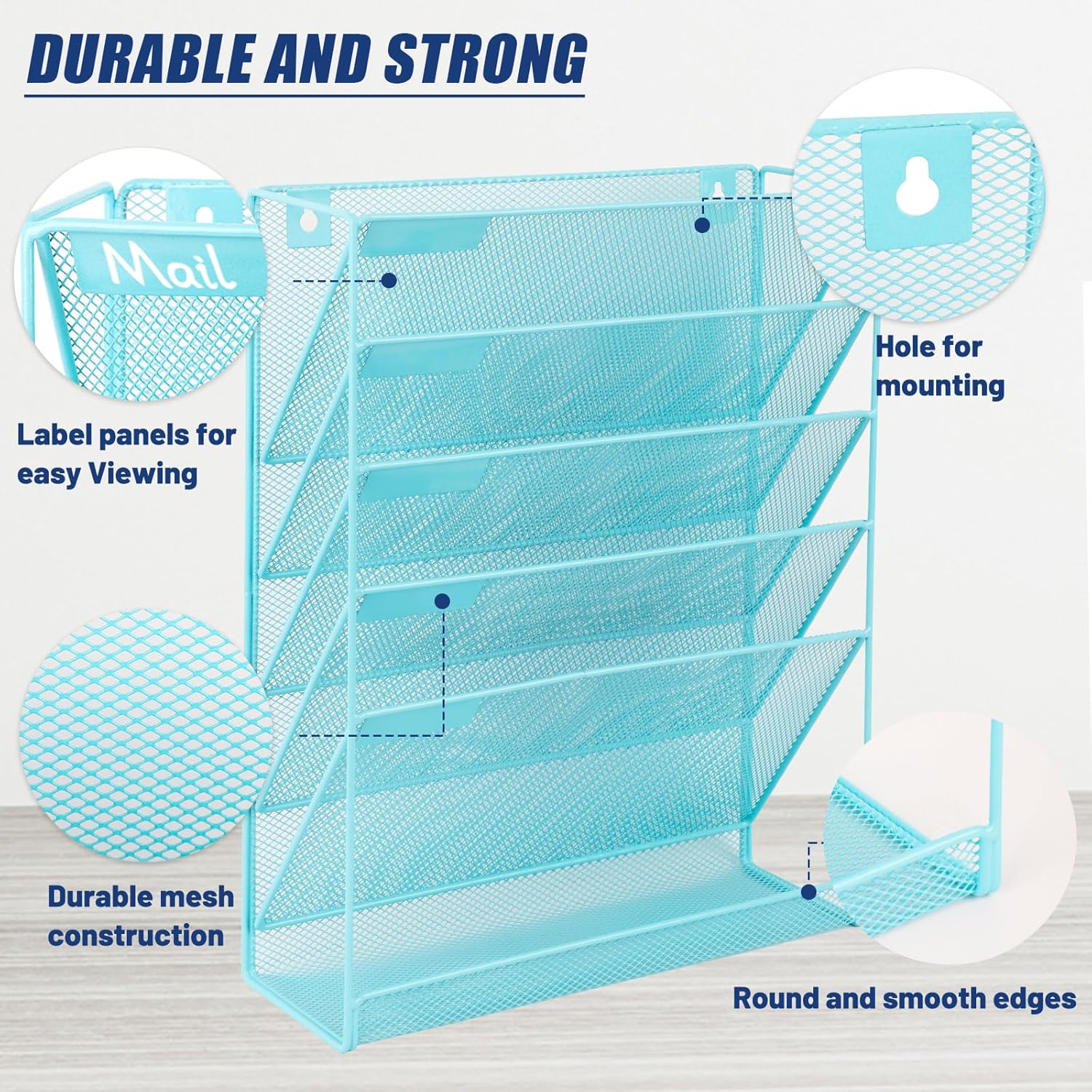 EASEPRES Desk File Organizer Mesh 6-Tier, Hanging Wall Mount Document Organization Stand, Desktop Vertical Mail Paper Folder Holder Rack with Bottom Tray for Office Home Cubicle Countertop, Blue
