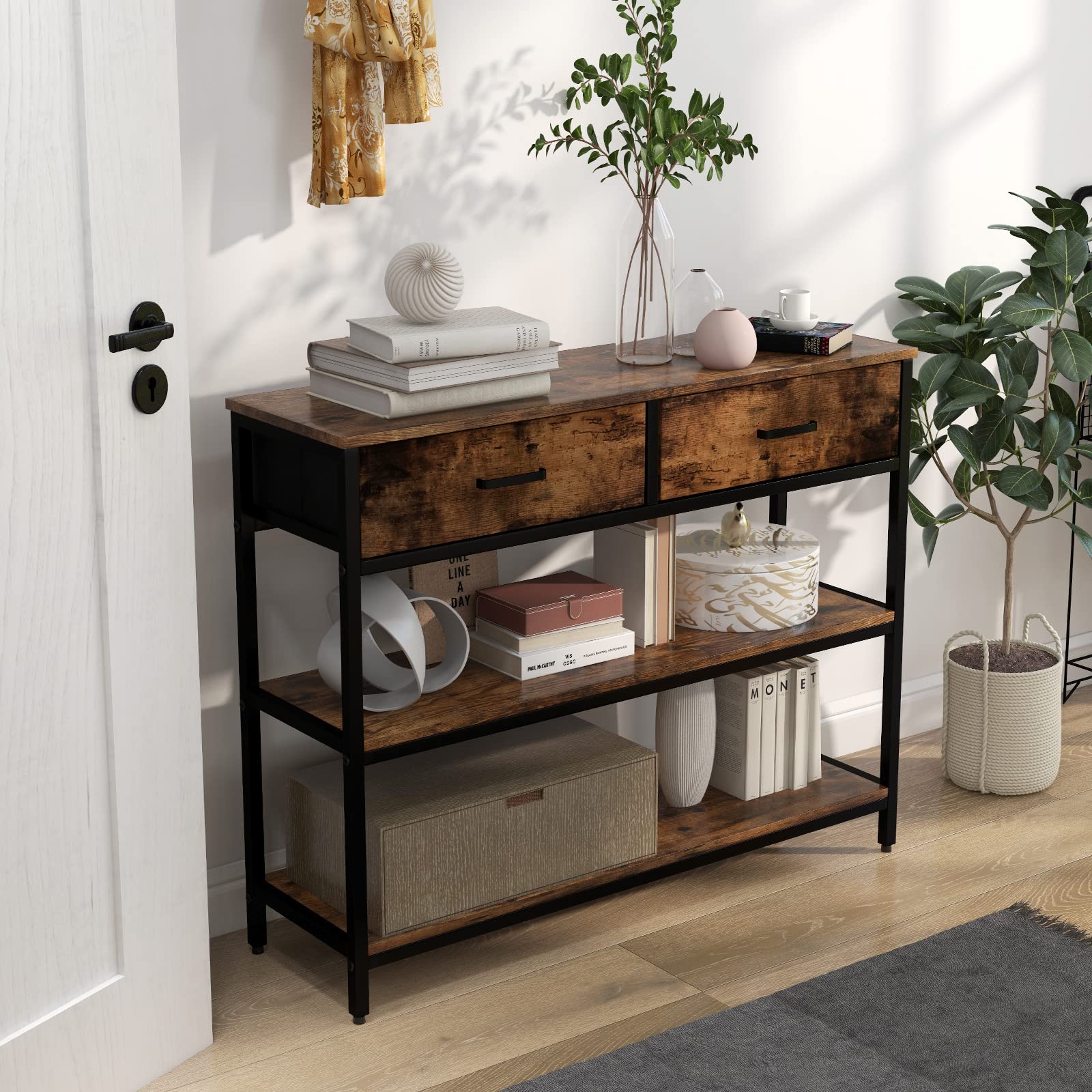 GOPLUS Table Console Industrielle avec 2 Tiroirs Amovibles et Pliables, Cadre Métallique, Anti-Basculement, Table d'Entrée à 3 Niveaux pour Salon, Couloir, Chambre,100X30X80 CM, Marron Rustique