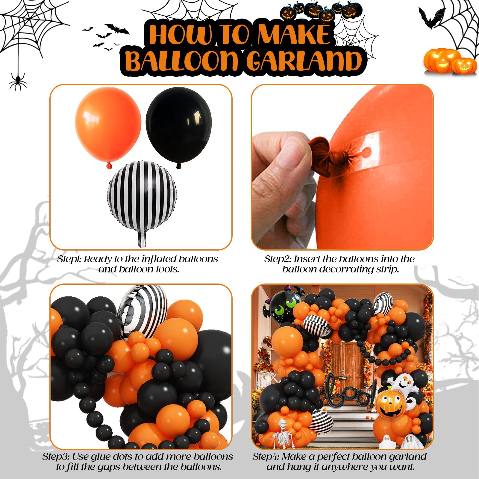 Halloween Party Deko Luftballon Girlande mit boo, Orange Schwarz Ballons Girlande mit Kürbis Geister Fledermaus für Halloween Geburtstag Süßes oder Saures Party Innen und Außen Dekoration