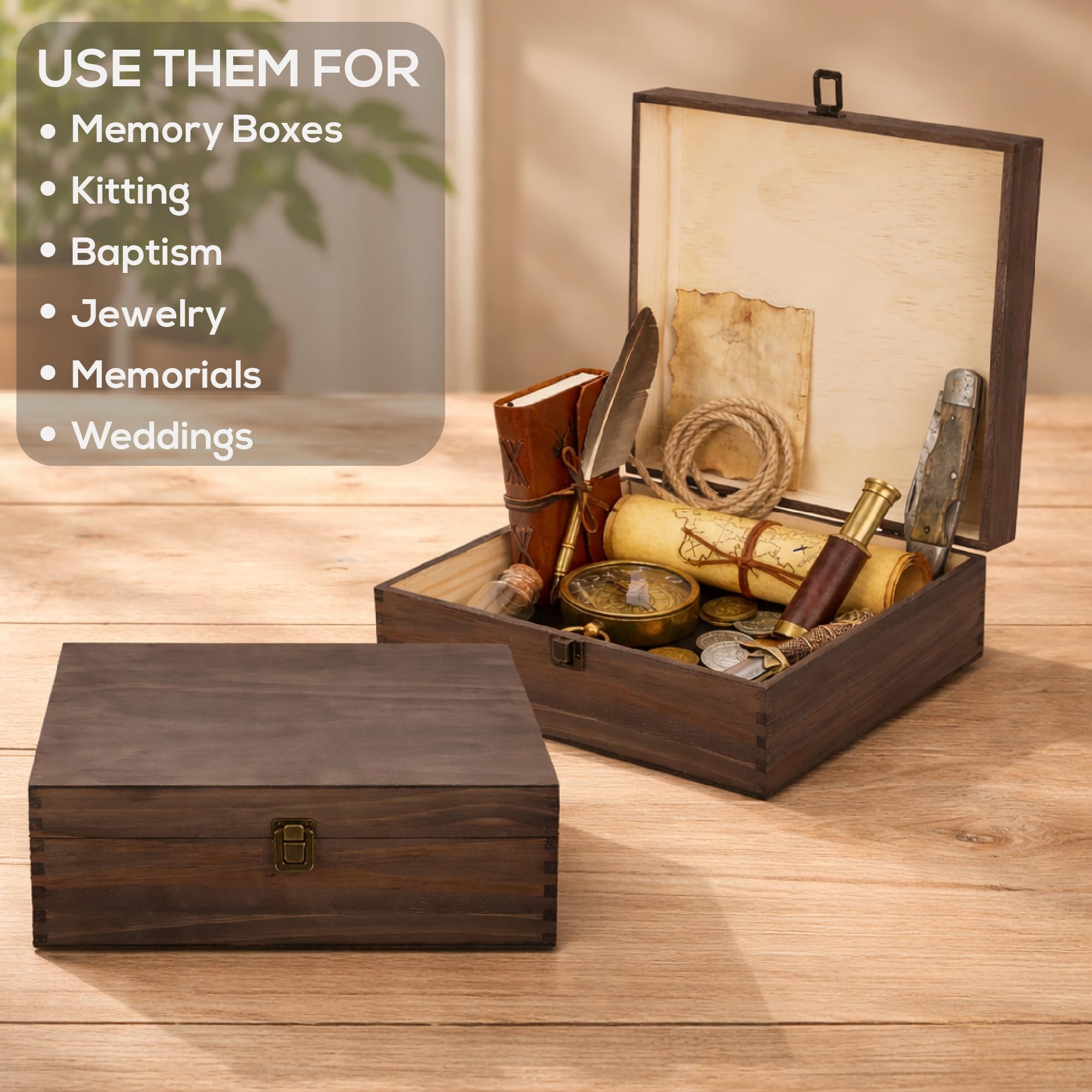makerflo Caja de recuerdos grande de madera de nogal oscuro (paquete de 1) con bisagras con cierre, fieltro negro en el interior, caja de madera de recuerdo ideal para manualidades y personalización