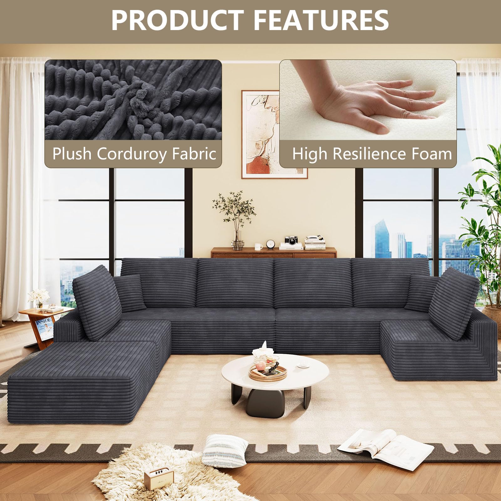 140.2 Cloud Sectional Couches for Living Room, Oversized Sectional Sofa with Ottoman, Modern Upholstered Deep Seat 7 Seater Large Boneless Couches for Apartment, Studio, Office, Dark Grey