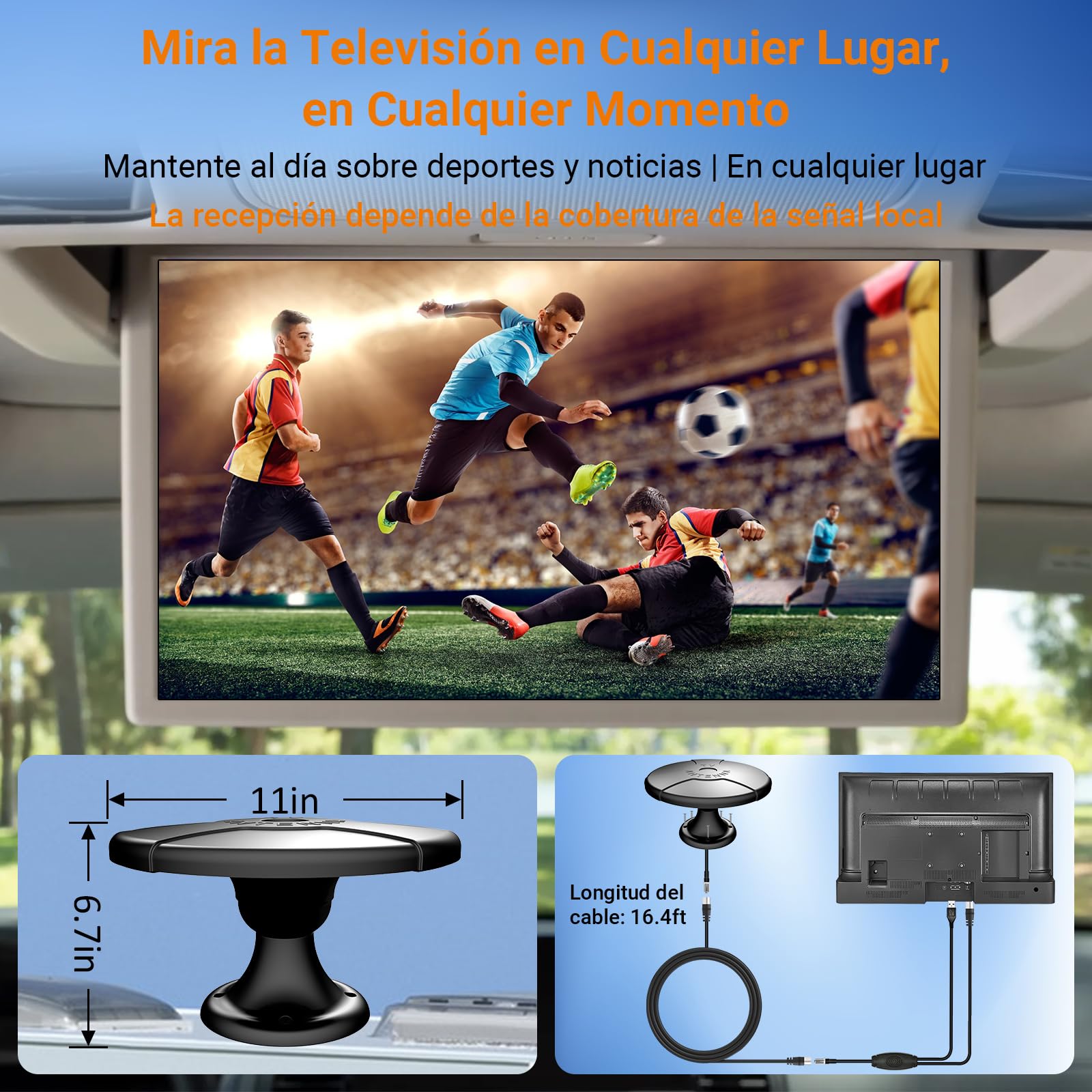 Antena TV para Caravana, Antena TV Digital Inteligente HD para Exterior, Recepción 360°, Recepción Gratuita de Canales Locales, Cable 5m, 4 Tornillos, para Ático, Exterior, Casa, Caravana y Camión
