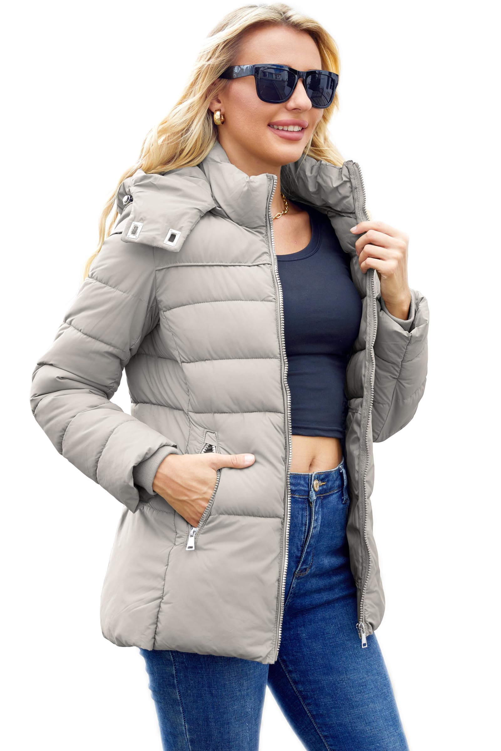 Womens Packable Puffer Jacket Winter Coat with Hood Warm Lightweight Thickened Down Jacket