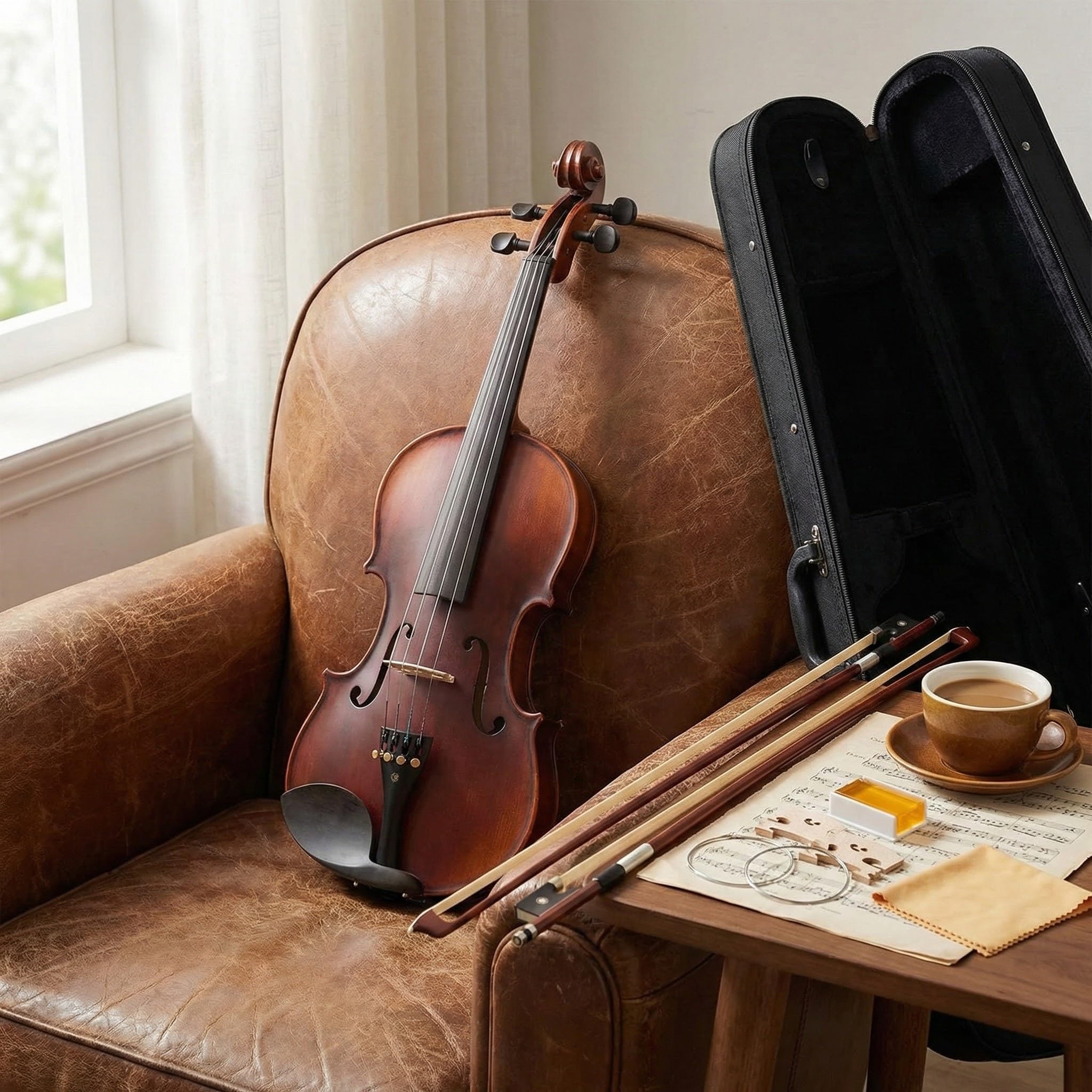 MV500 4/4 Violine für Anfänger - Vollständiges Starterset für Erwachsene mit Koffer, 2 Bögen, 2 Stegen, Saiten, Kolophonium & Pflegezubehör