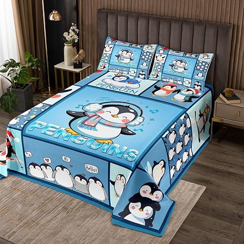 Colcha de pingüinos de dibujos animados para niños, tamaño King, bonito juego de colcha de esquí de animales árticos, decoración de habitación de