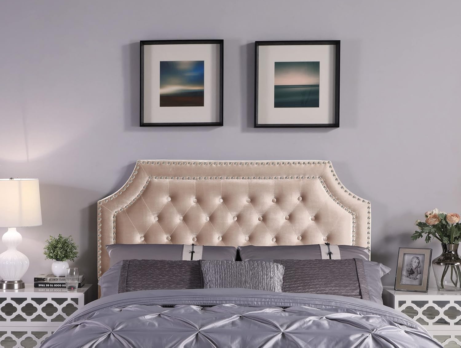 Iconic Home FHB9024-AN Chava Headboard Velvet Upholstered Button Tufted Double Row Silver Nailhead Trim Modern Transitional, Full/Queen, Taupe