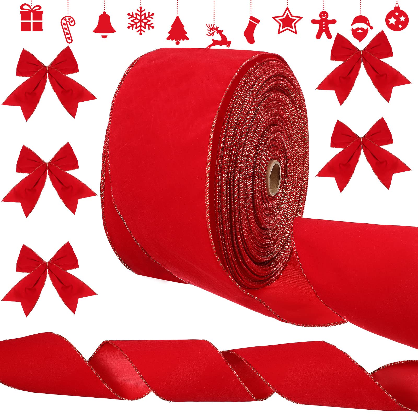 syhood christmas wired velvet ribbon with gold edge waterproof velvet decoration ribbon wrapping for xmas wreath bows floral craft ornaments(6 inch x 20 yard,red/gold)