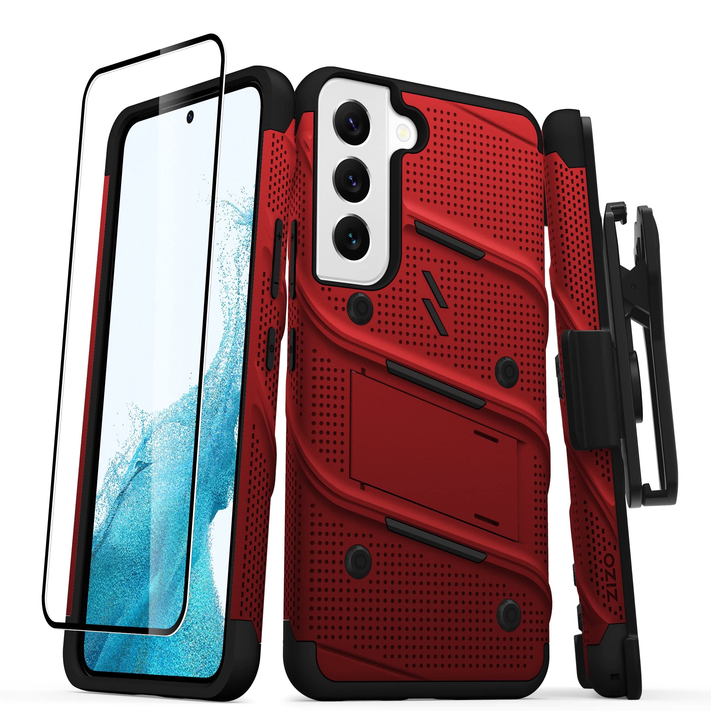 ZIZO Bolt Bundle Galaxy S22 Case with Screen Protector, Stand and Lanyard - Red