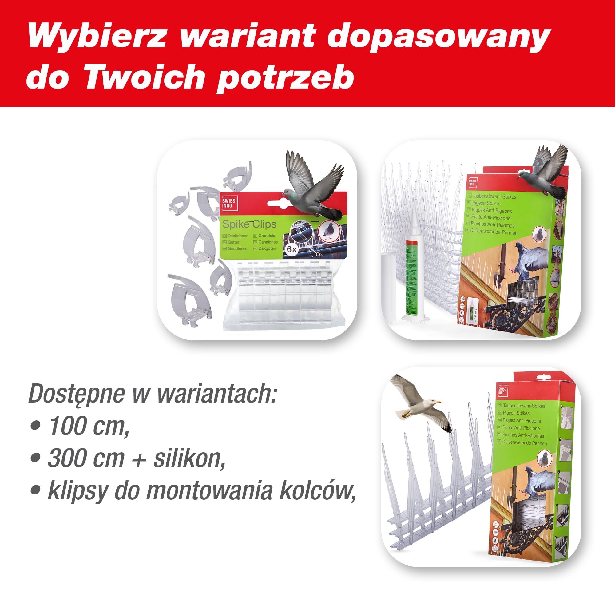 SWISSINNO Kolce odstraszające ptaki 100 cm (3x33,3 cm) – przezroczyste kolce na gołębie z poliwęglanu – dzielone – łatwy montaż – odporne na UV i warunki atmosferyczne – na parapet, balkon, rynnę