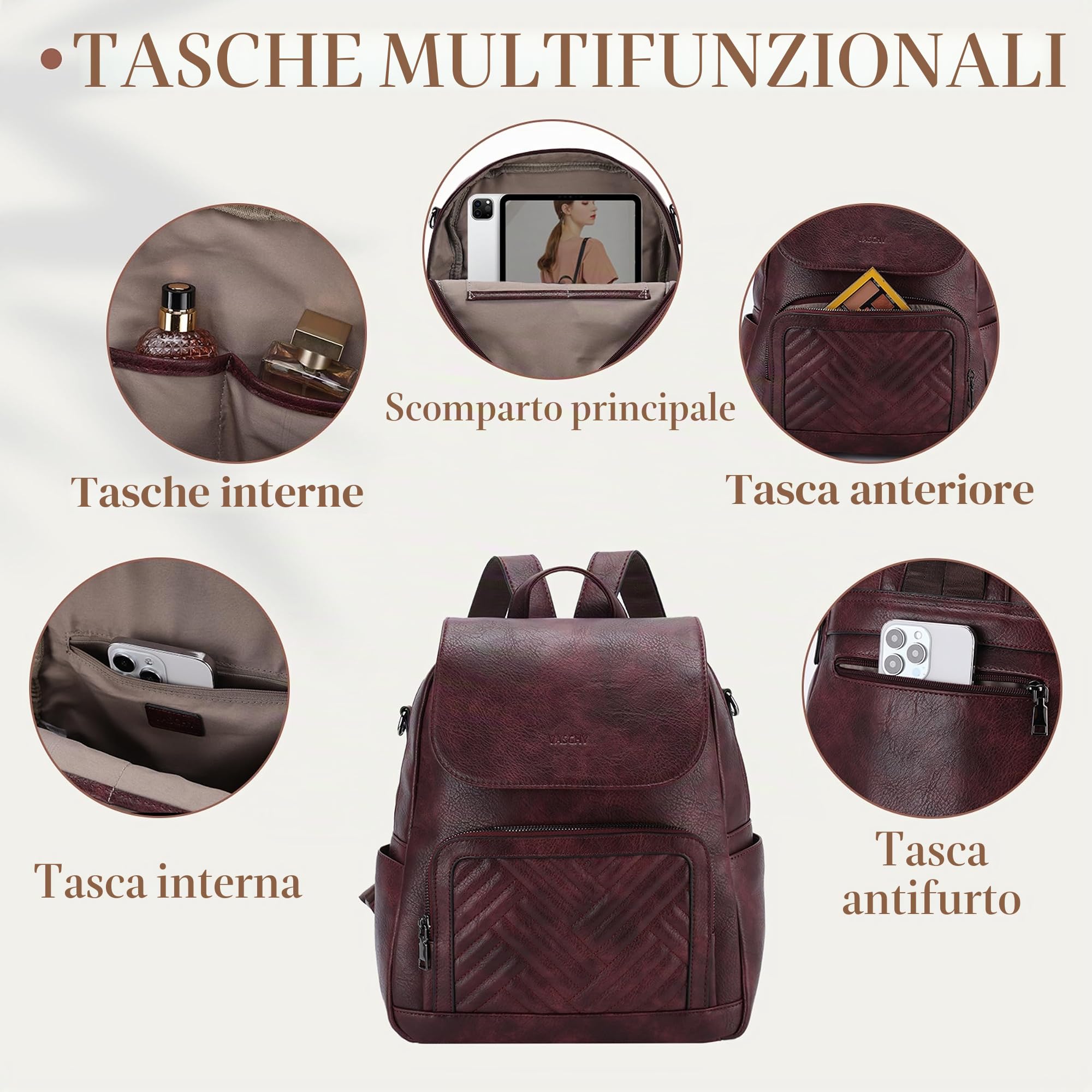 VASCHY Zaino Donna Elegante Zaini da Donna Piccolo Zainetto Donna Pelle Zaino da Viaggio/Lavoro/Scuola/Università Borgogna